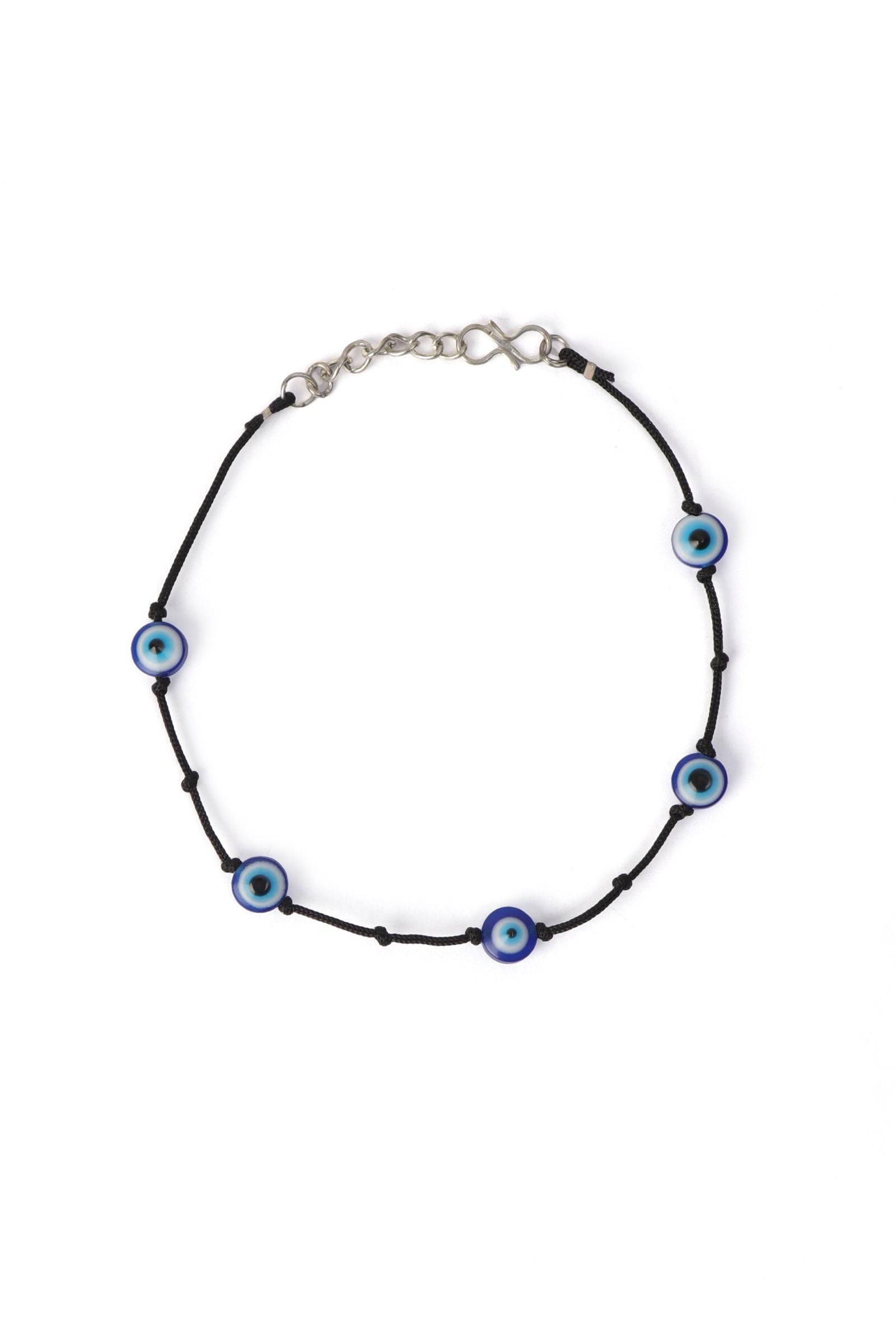 Adjustable German Silver Evil Eye Anklet with Black Thread Knot
