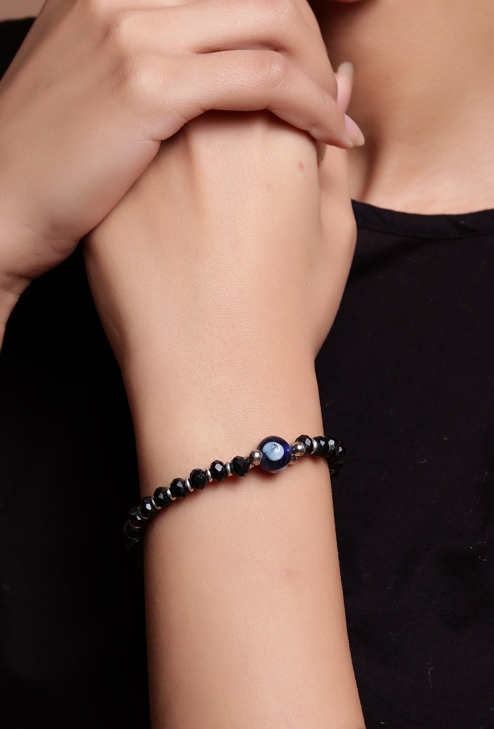 Adjustable Evil Eye Bracelet in German Silver with Black Beads