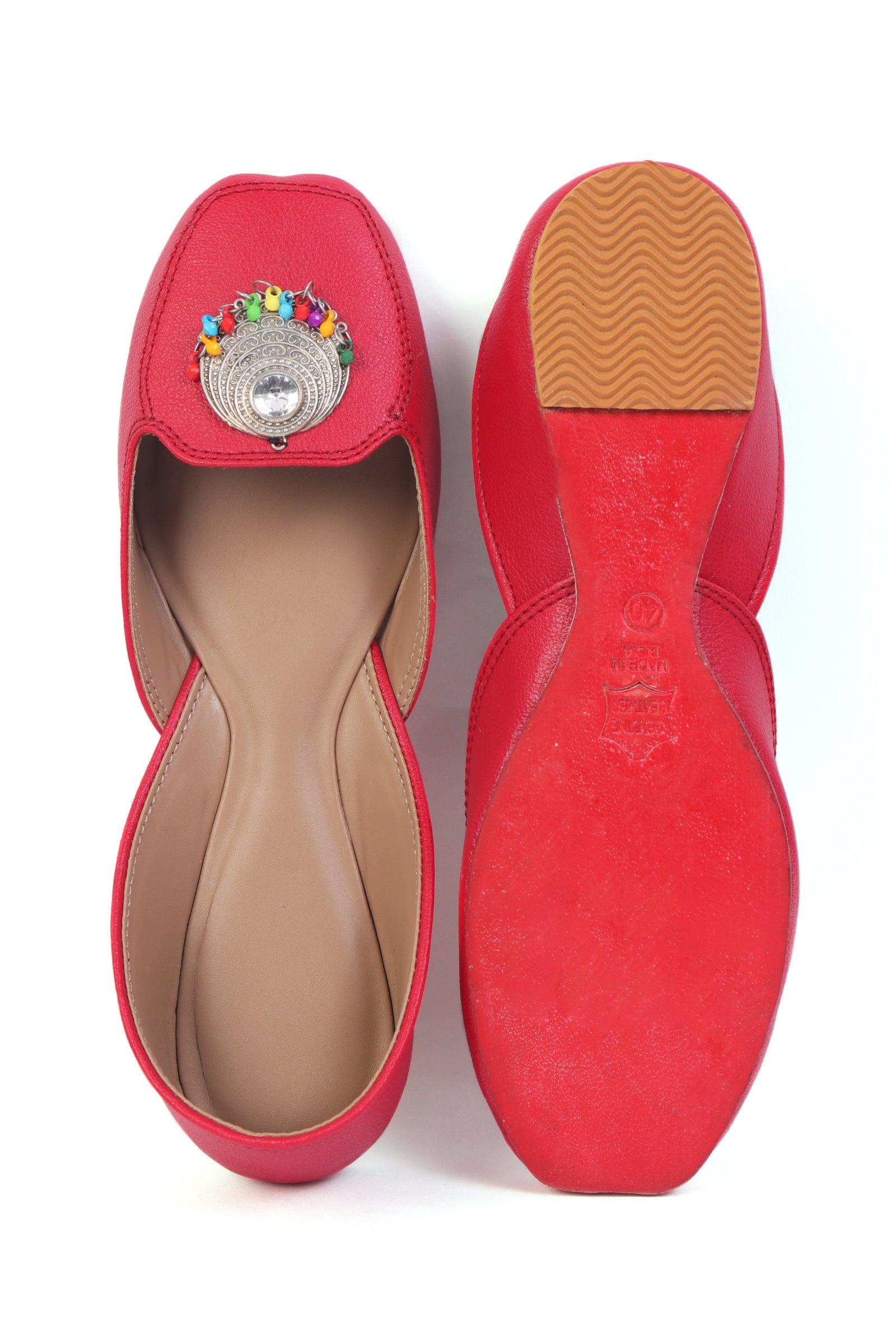 Cherry Red Jutti with Multicolor German Silver Accents