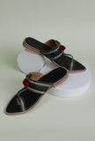 Black & Silver Cruelty Free Leather Sandals with Red Pom Poms