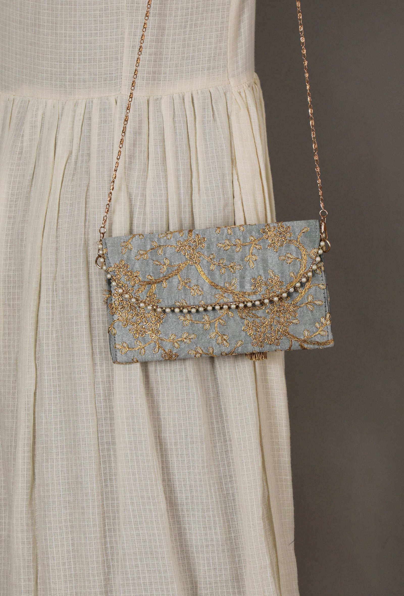 Shadow Grey Zari Embroidered Silk Envelope Clutch