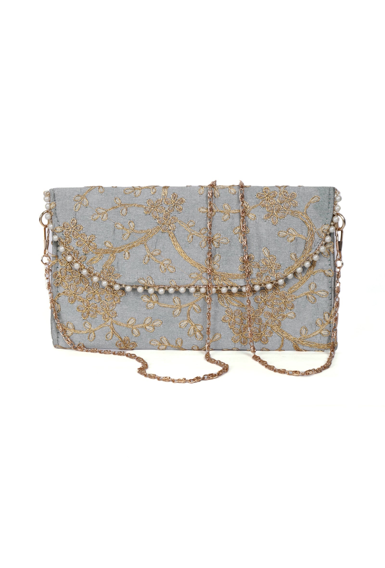 Shadow Grey Zari Embroidered Silk Envelope Clutch