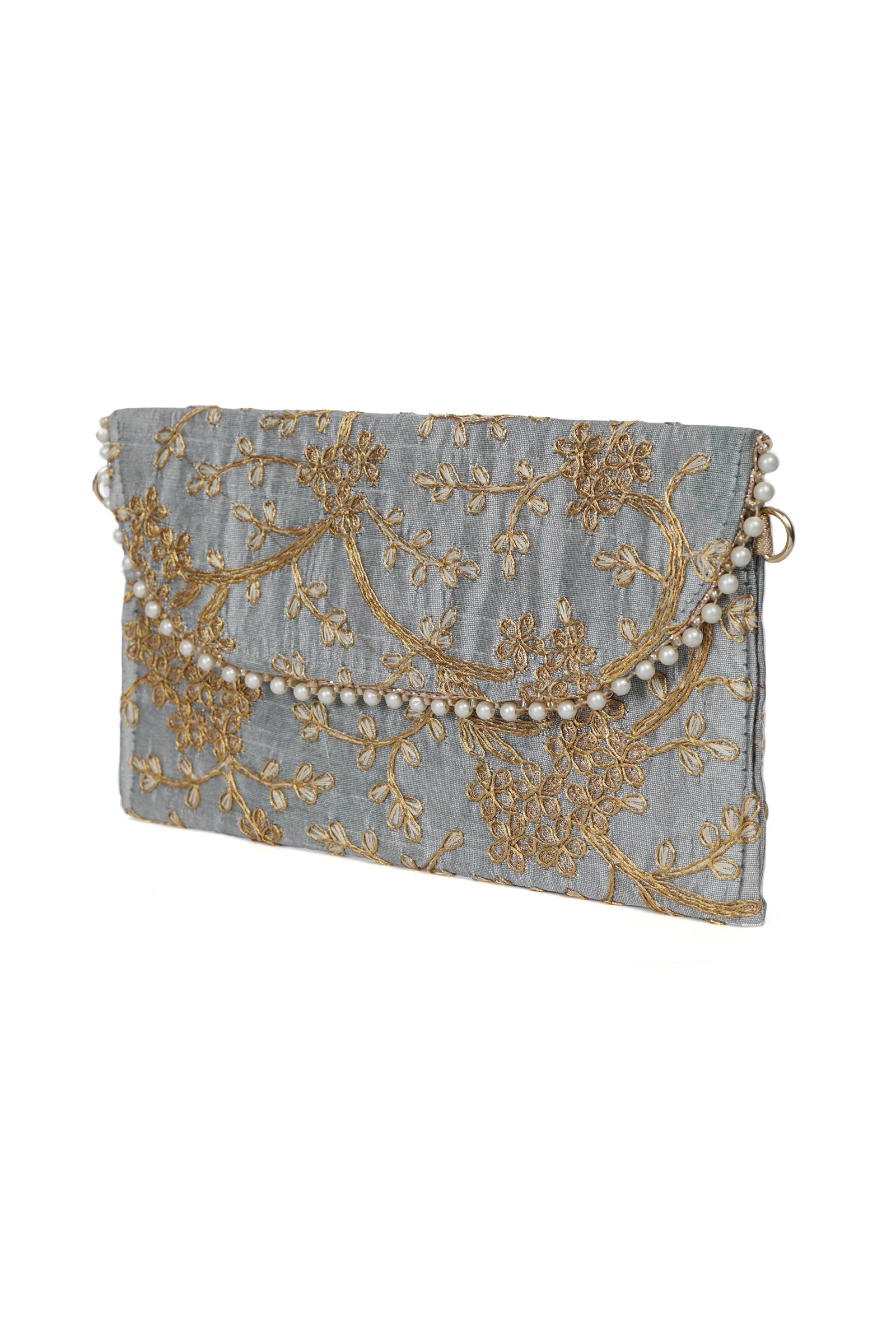 Shadow Grey Zari Embroidered Silk Envelope Clutch