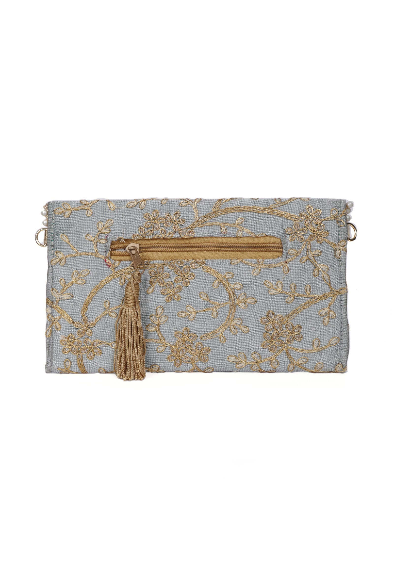 Shadow Grey Zari Embroidered Silk Envelope Clutch