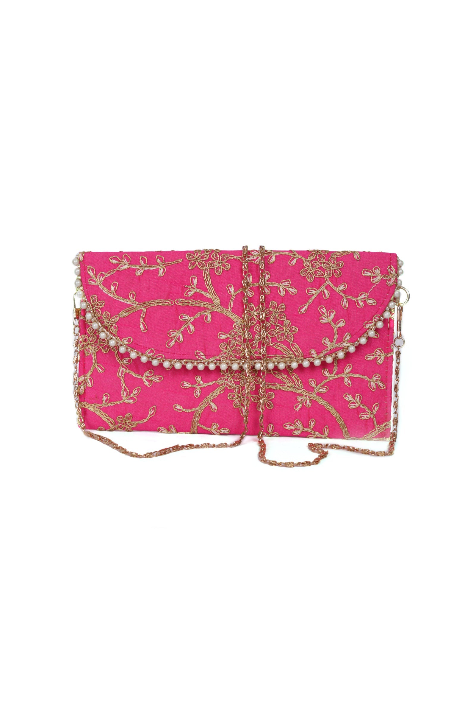 French Pink Zari Embroidered Silk Envelope Clutch