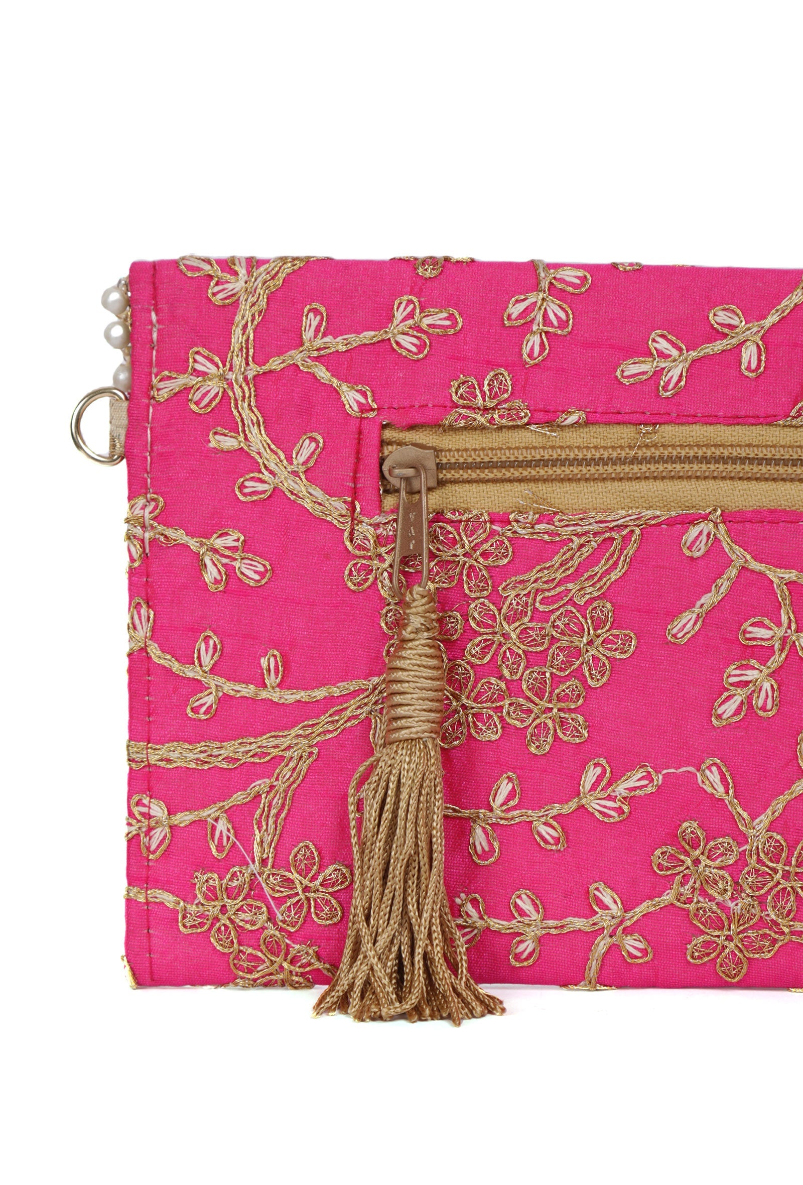 French Pink Zari Embroidered Silk Envelope Clutch