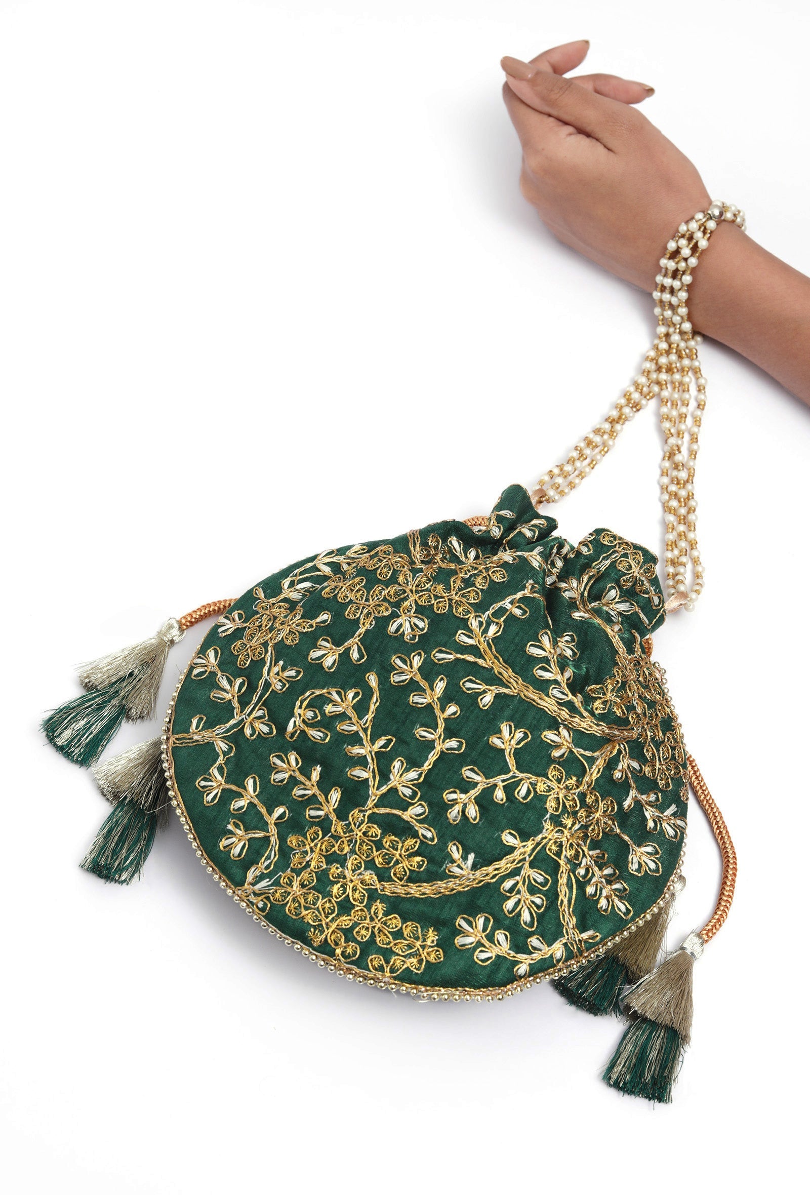 Emerald Green Embroidered Silk Potli