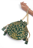 Emerald Green Embroidered Silk Potli