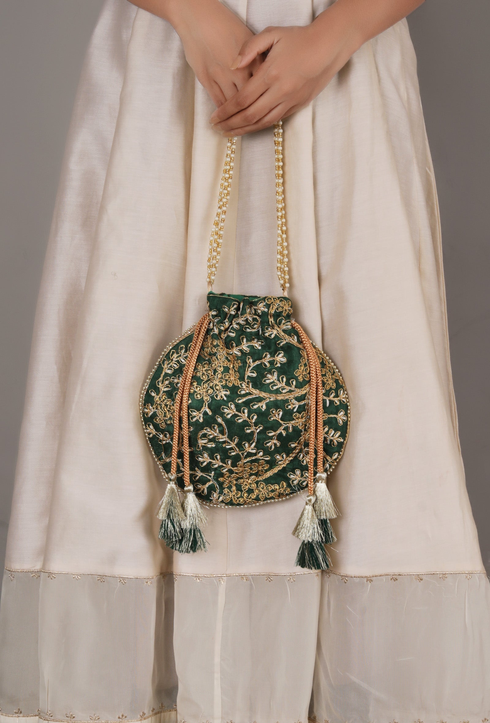 Emerald Green Embroidered Silk Potli