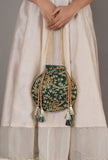 Emerald Green Embroidered Silk Potli