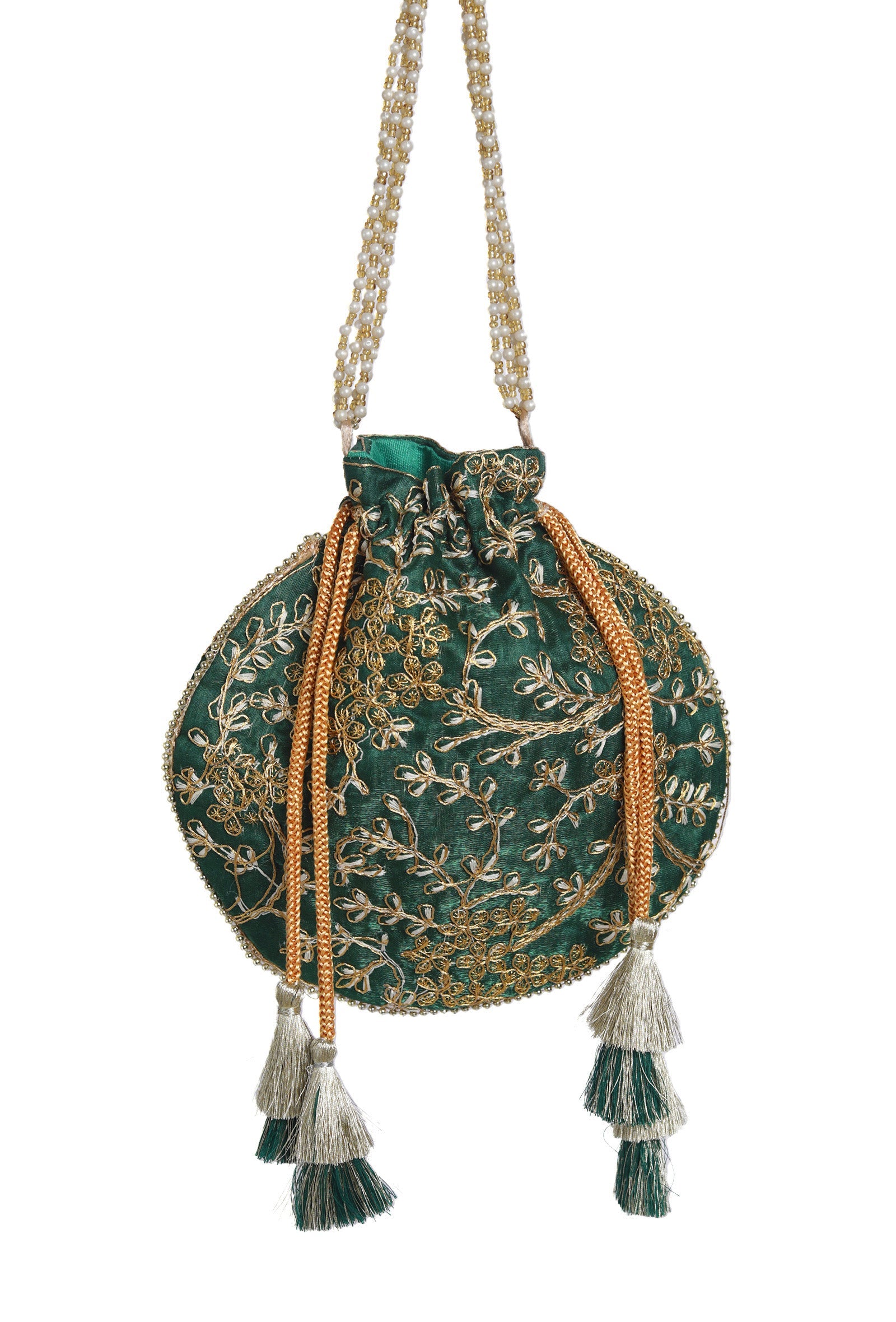 Emerald Green Embroidered Silk Potli