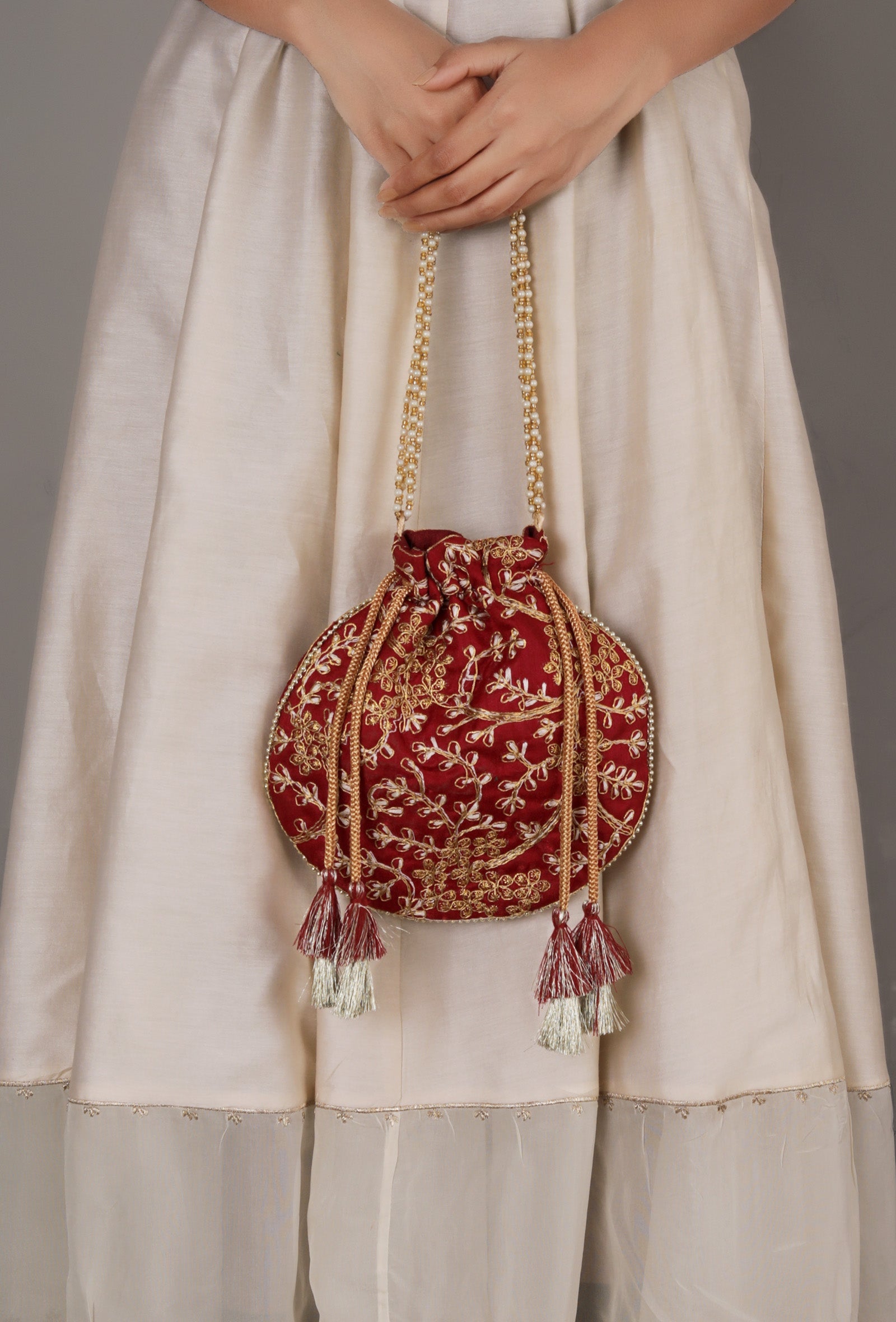 Ruby Maroon Embroidered Silk Potli