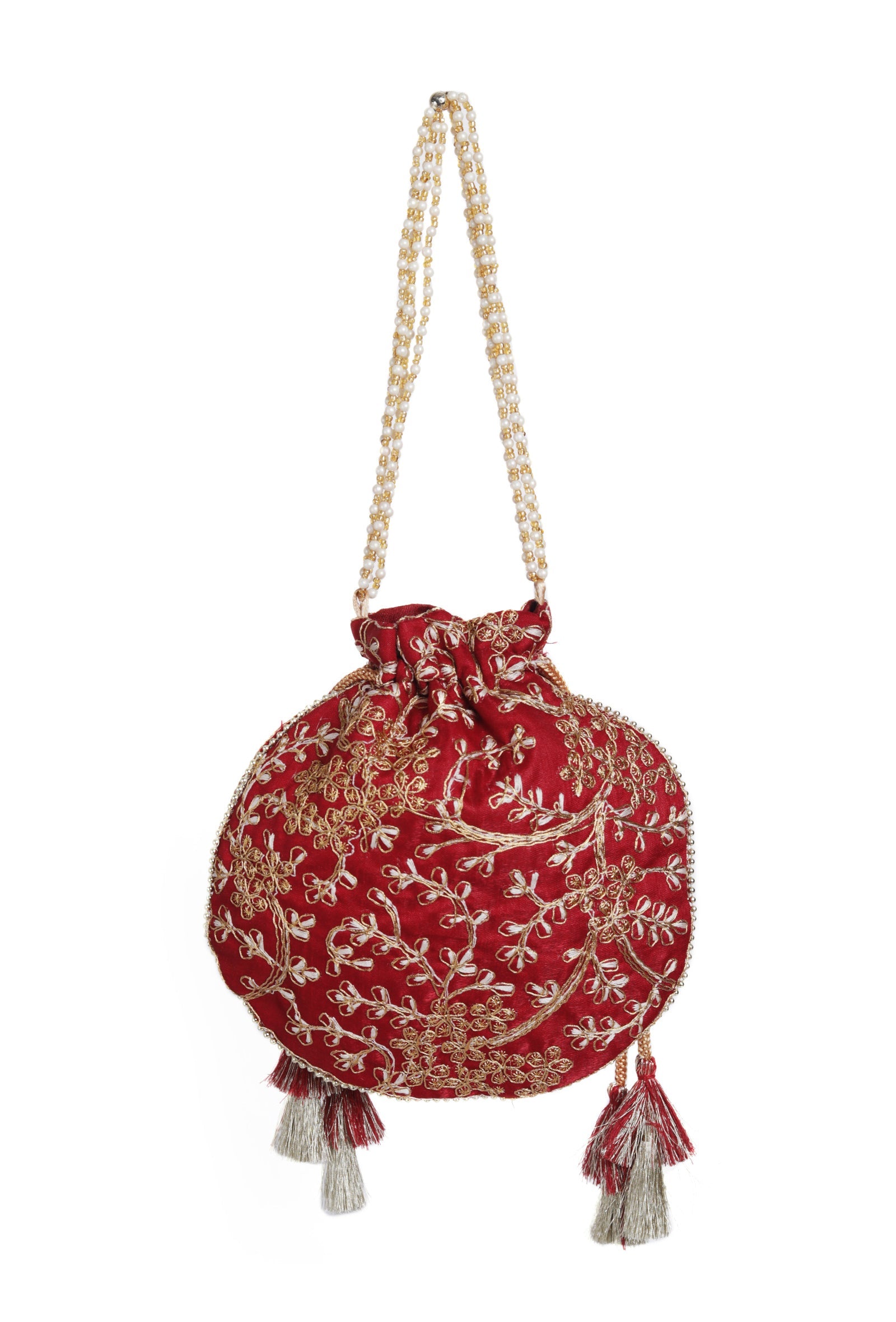 Ruby Maroon Embroidered Silk Potli