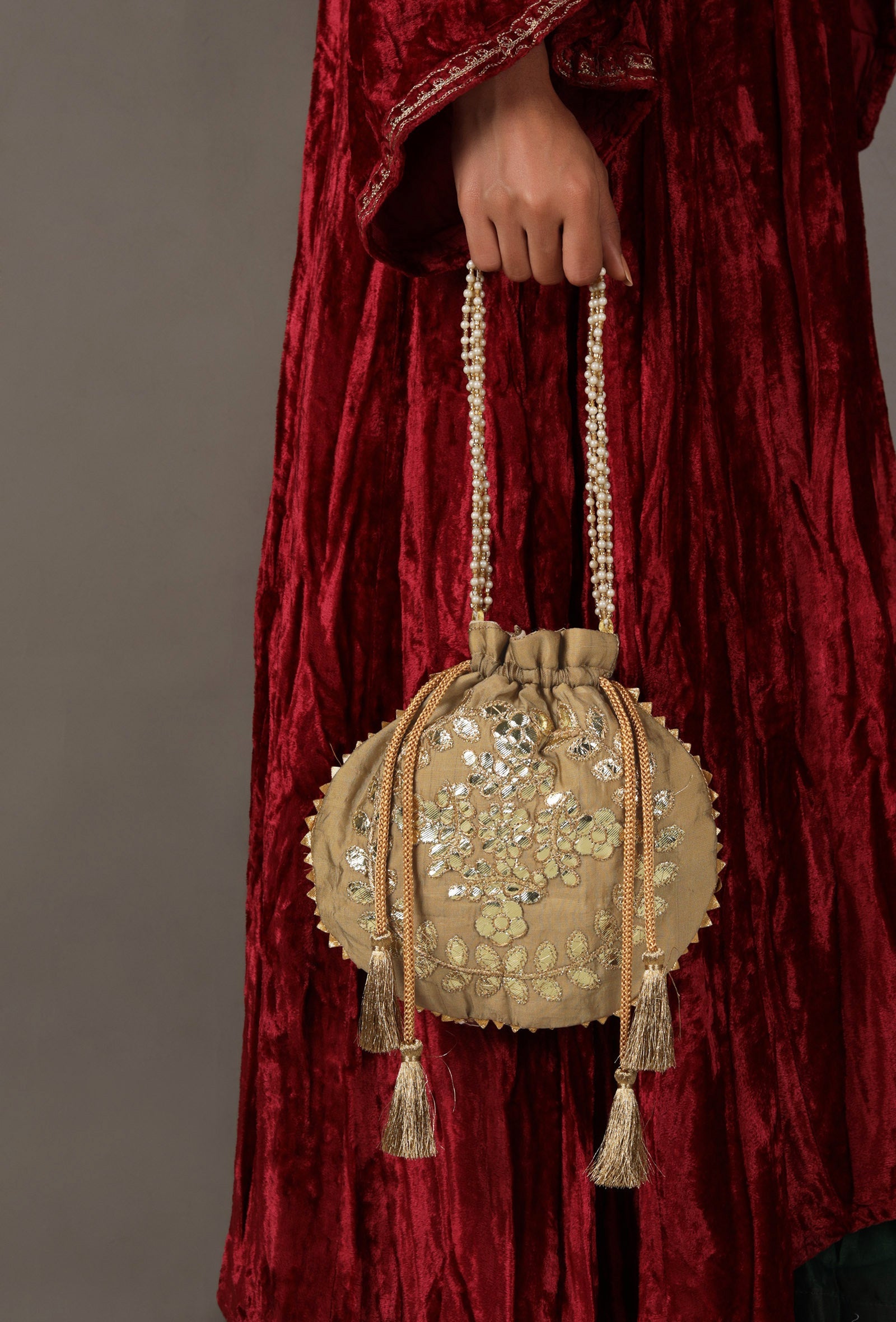 Golden Beige Gota Patti Silk Potli