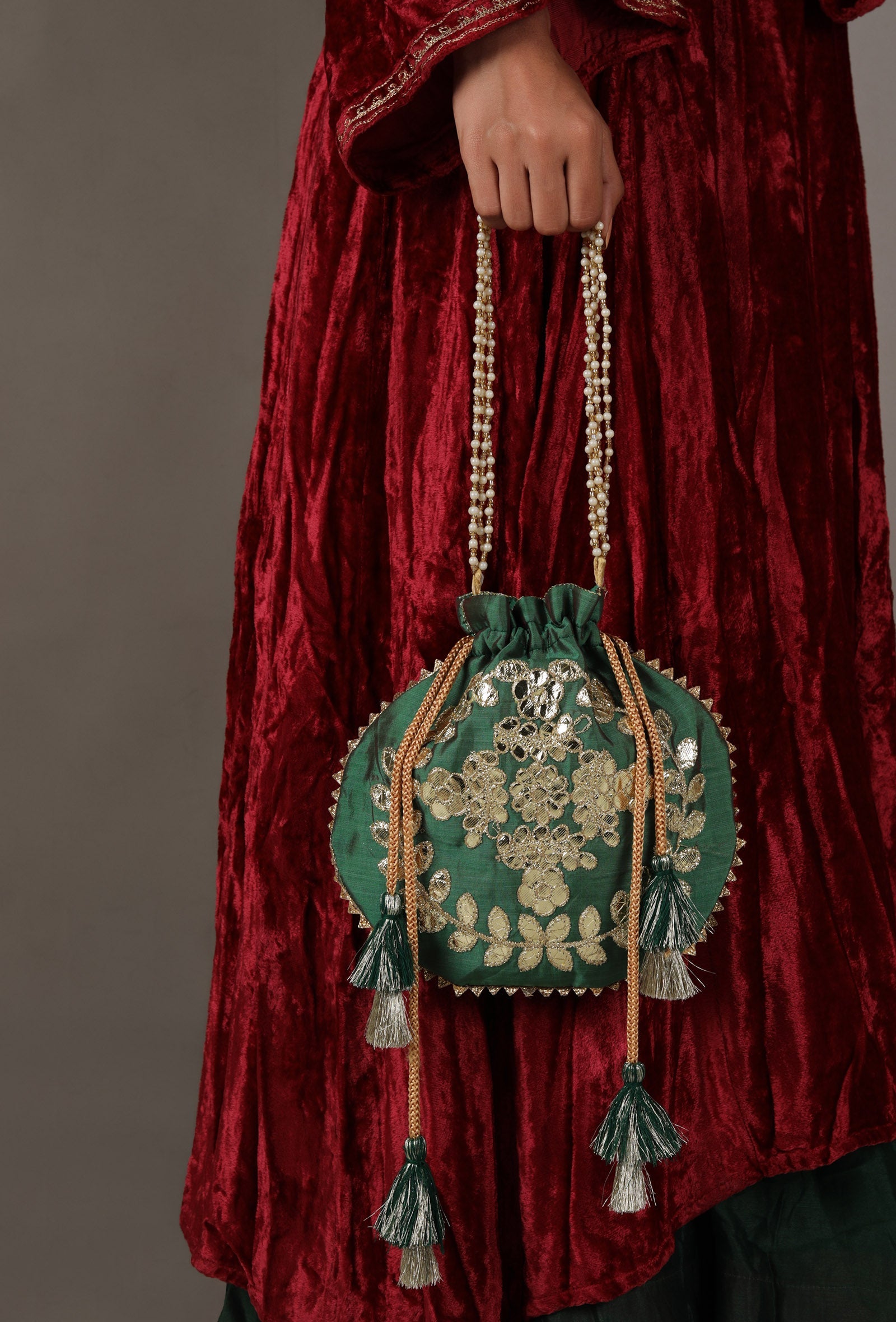 Midnight Green Gota Patti Silk Potli