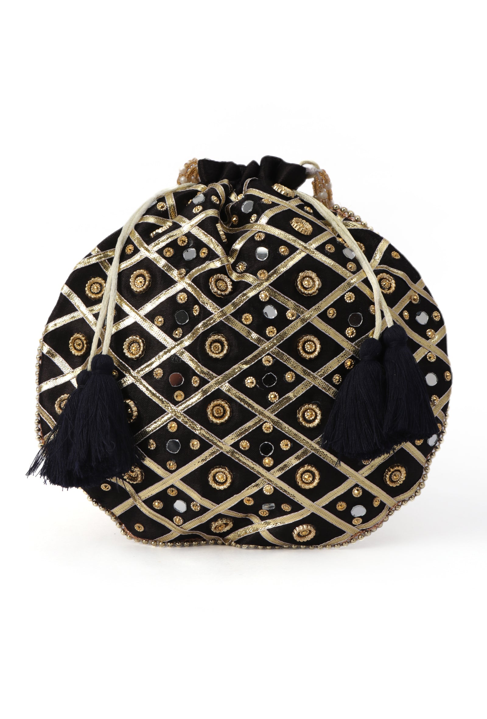 Midnight Elegance Potli With Glass Mirror Work