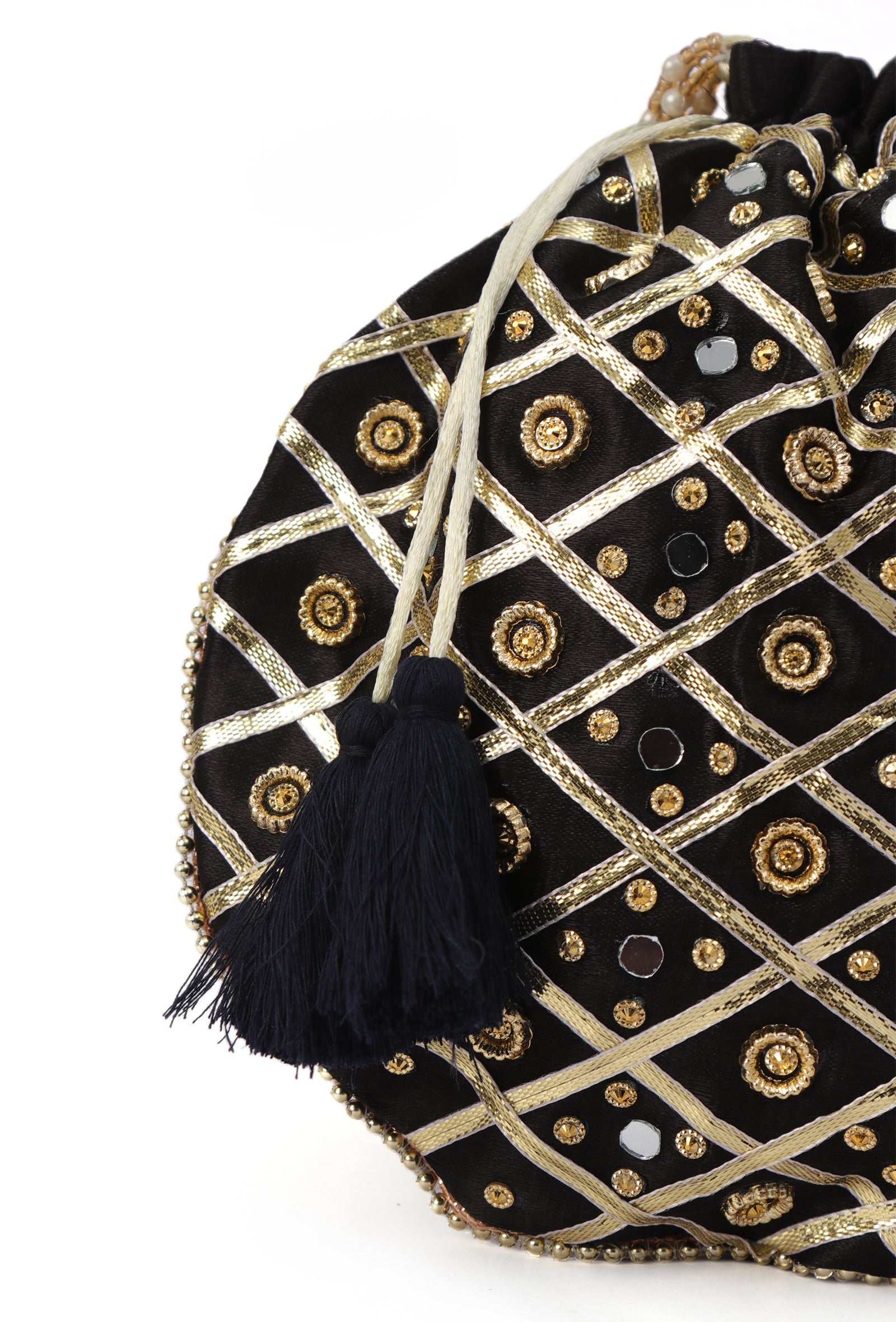 Midnight Elegance Potli With Glass Mirror Work