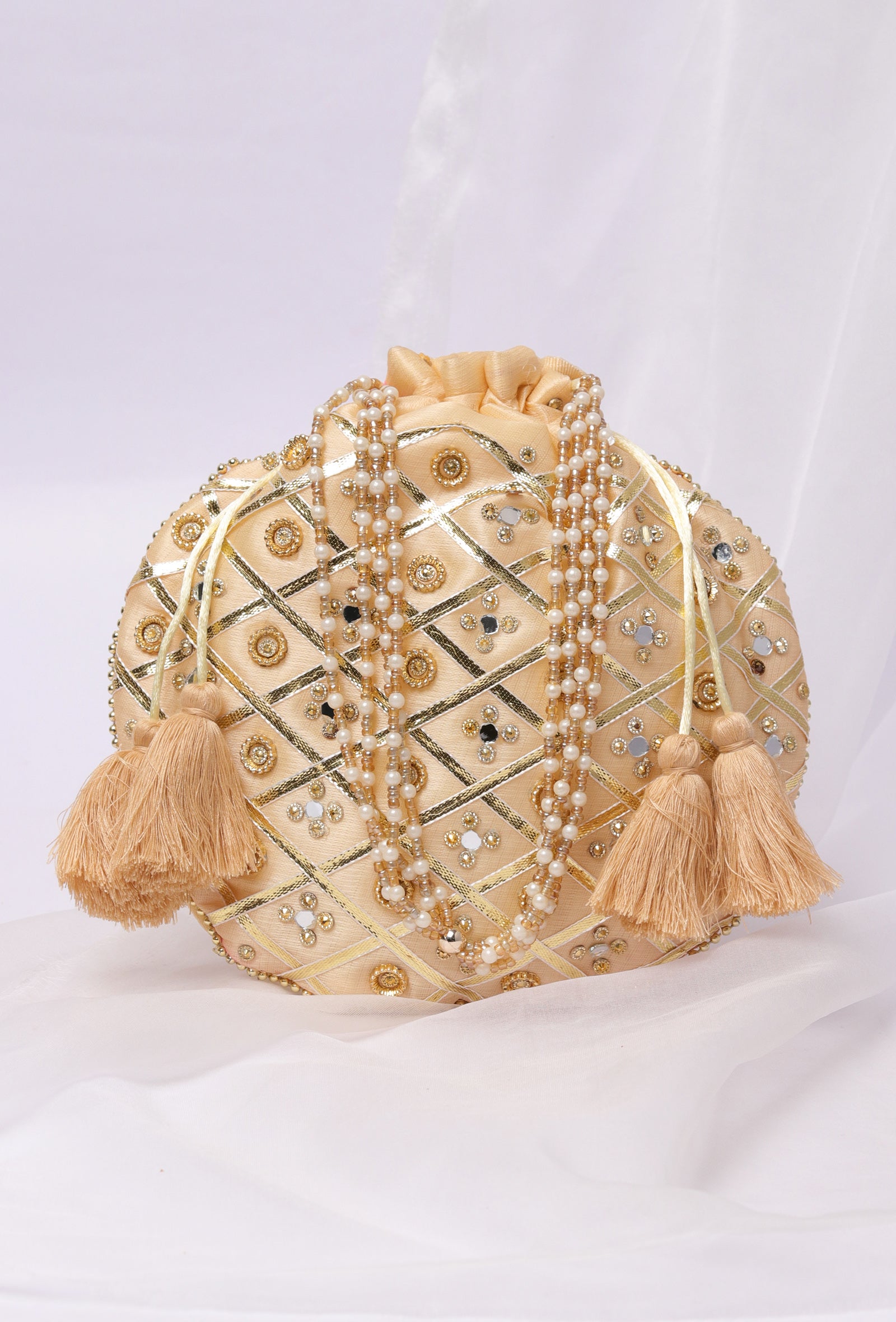 Glimmering Golden Potli Glass Mirror Work