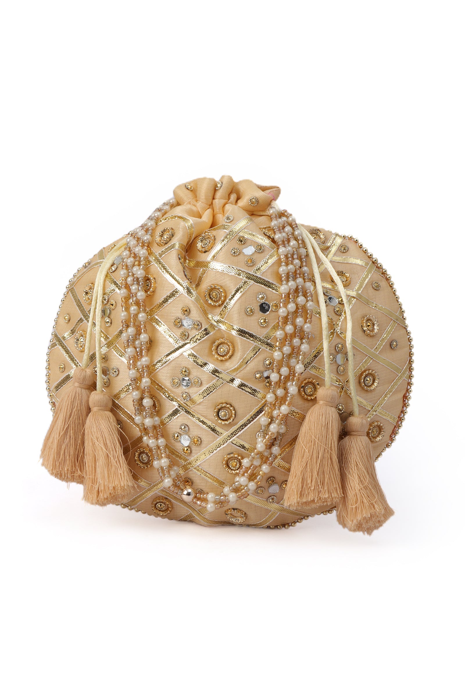 Glimmering Golden Potli Glass Mirror Work