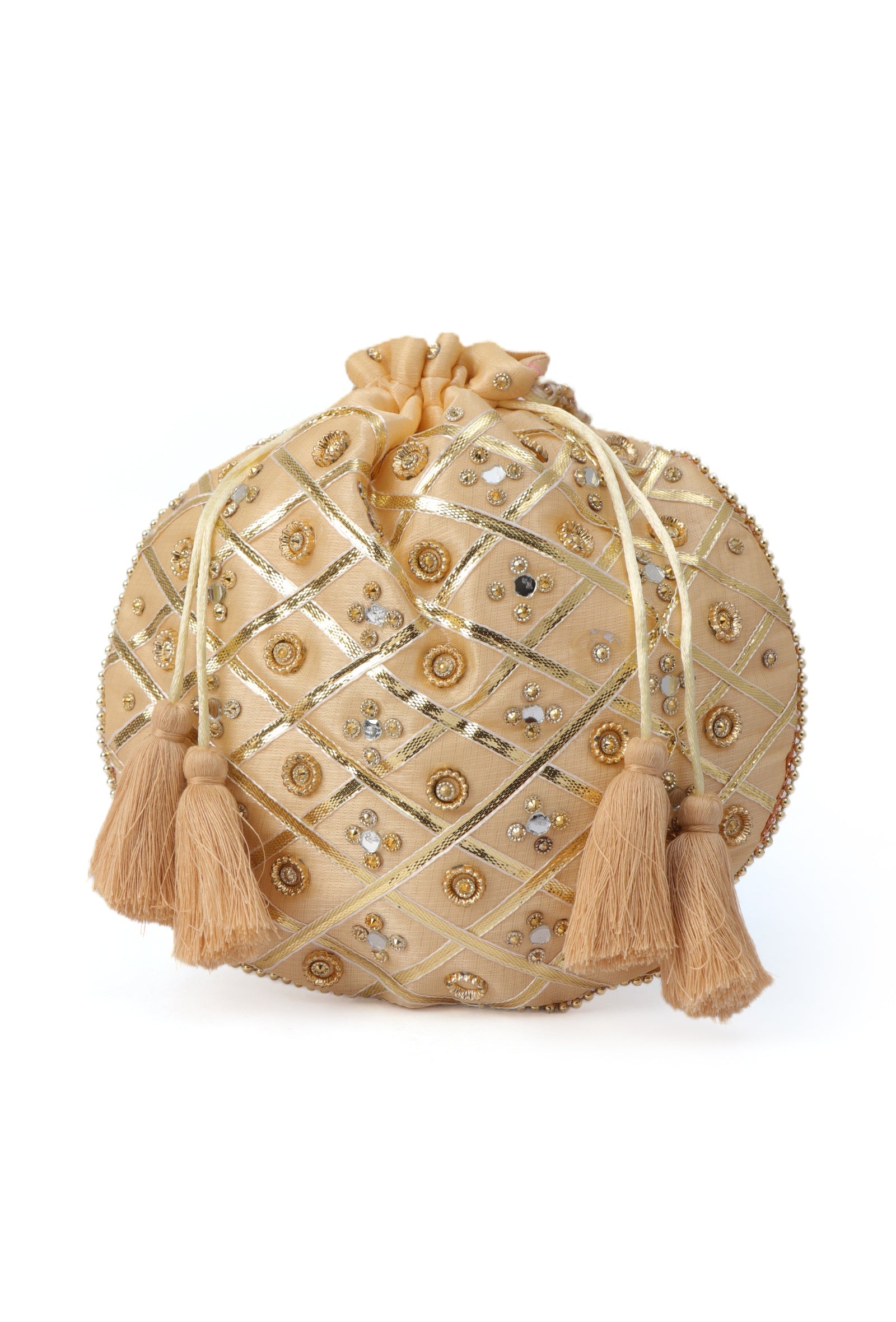 Glimmering Golden Potli Glass Mirror Work