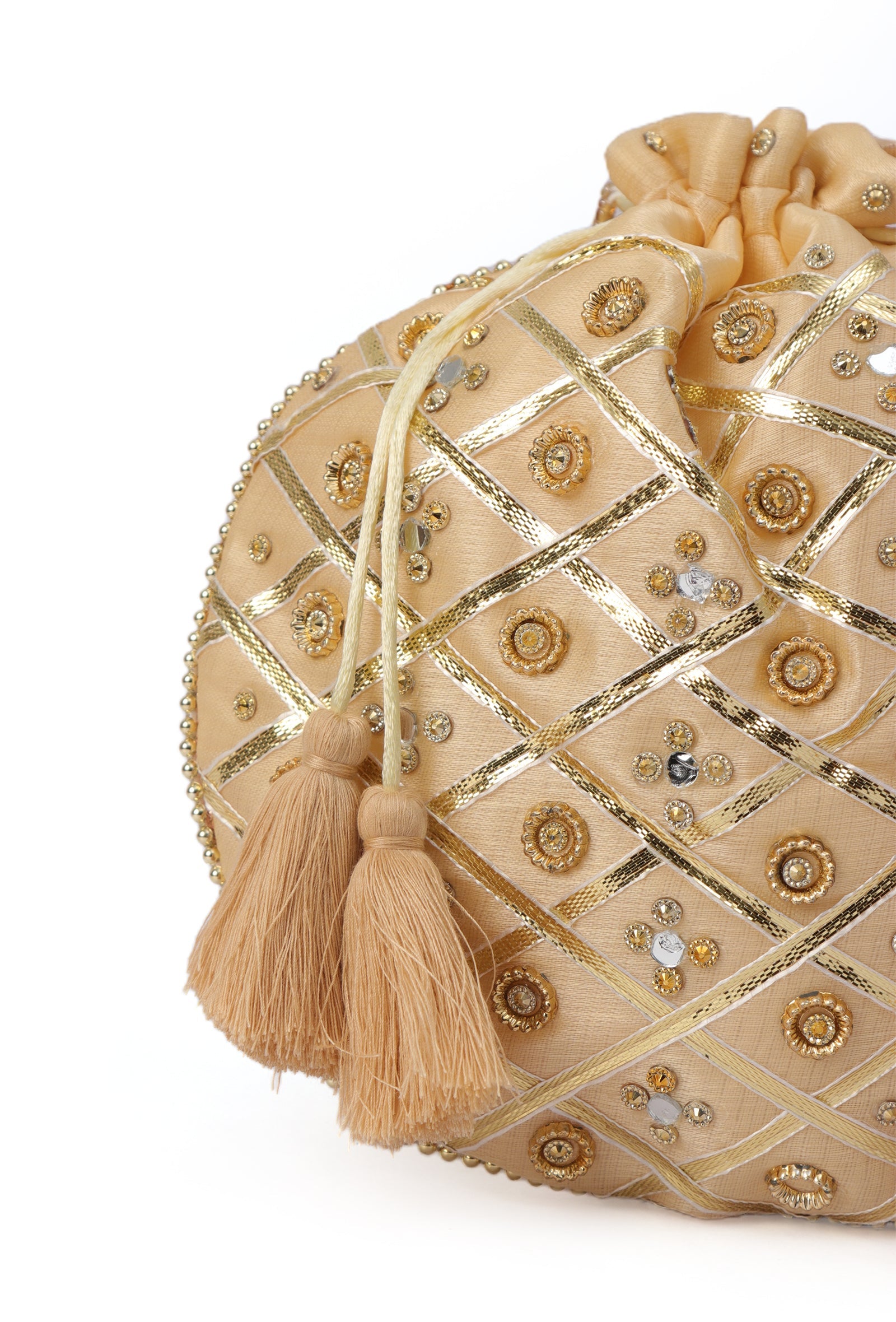 Glimmering Golden Potli Glass Mirror Work