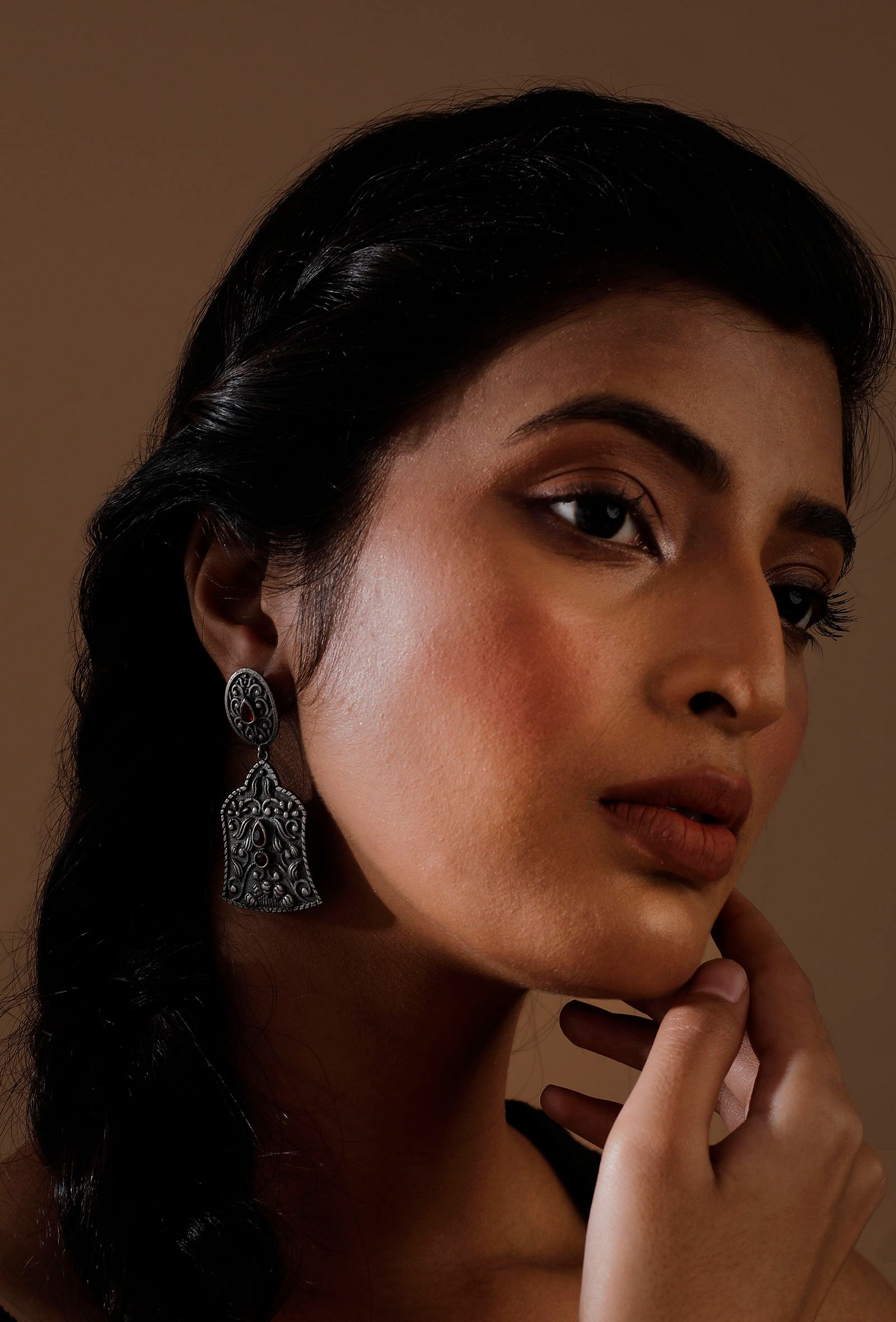 Plum Pink Stone Tribal Motif Brass Tribal Earrings