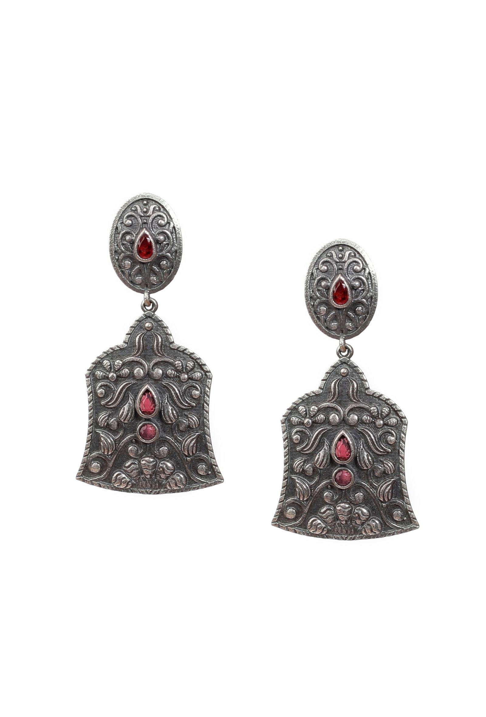 Plum Pink Stone Tribal Motif Brass Tribal Earrings