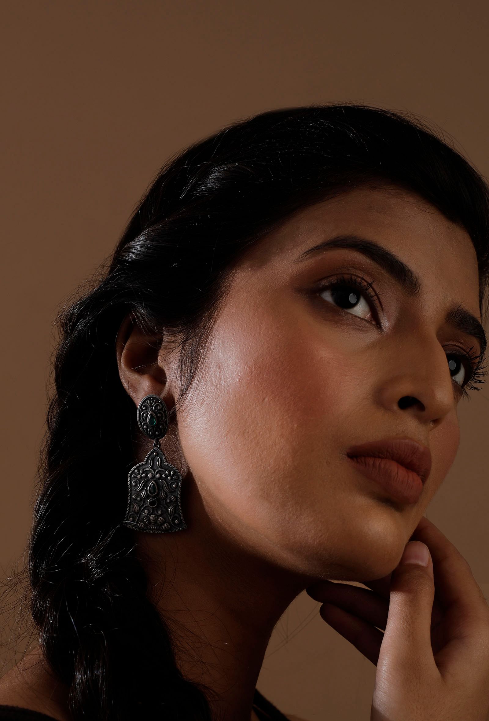 Teal Stone Tribal Motif Brass Tribal Earrings