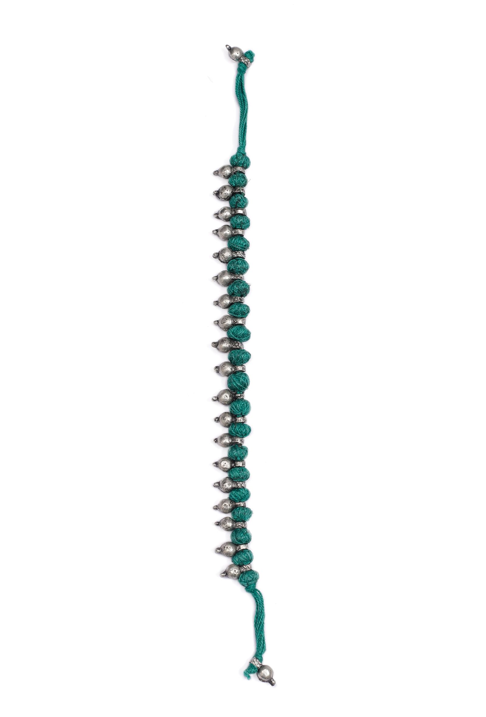 Set of 2: Teal with Silver Beads Tribal Anklet