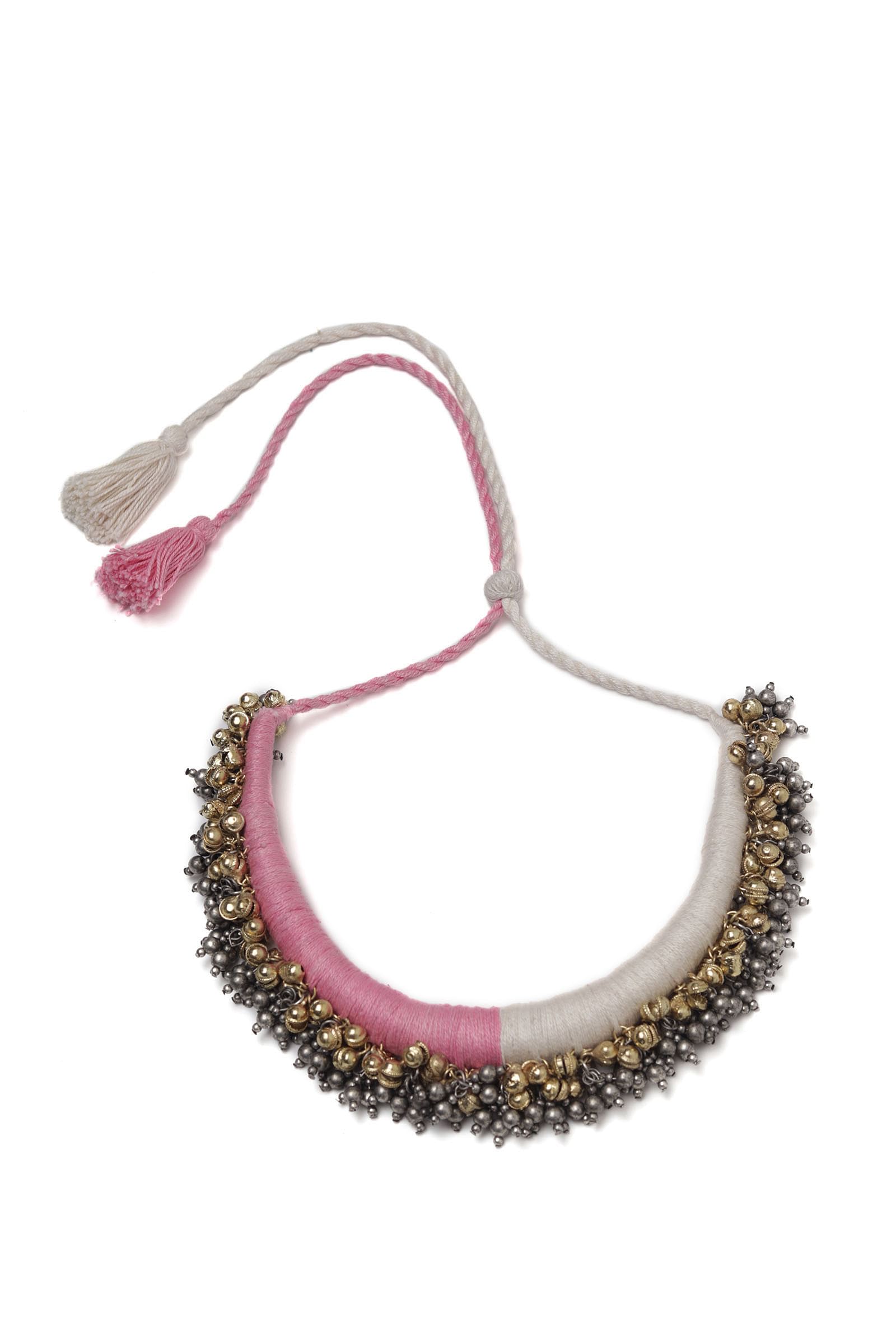 Maahi Duo White and Pink Tribal Gold Ghungroo Necklace
