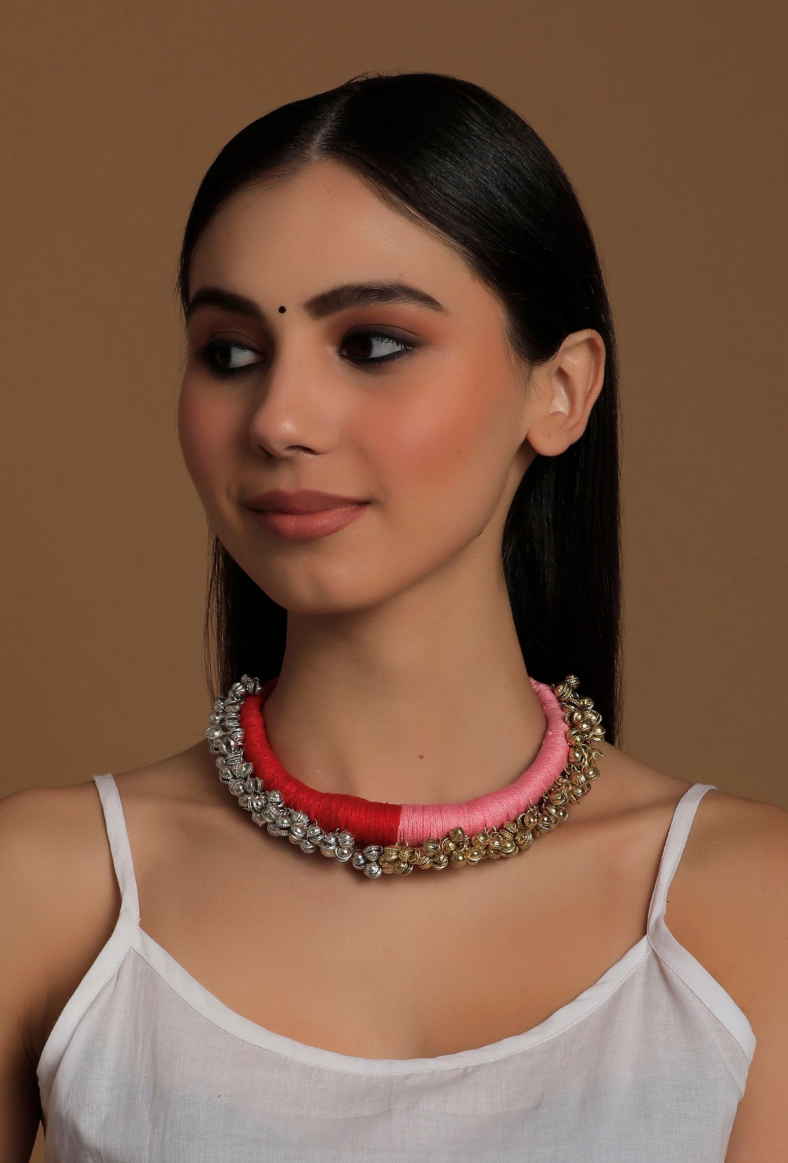 Lishika Duo Red and Pink Tribal Ghungroo Necklace