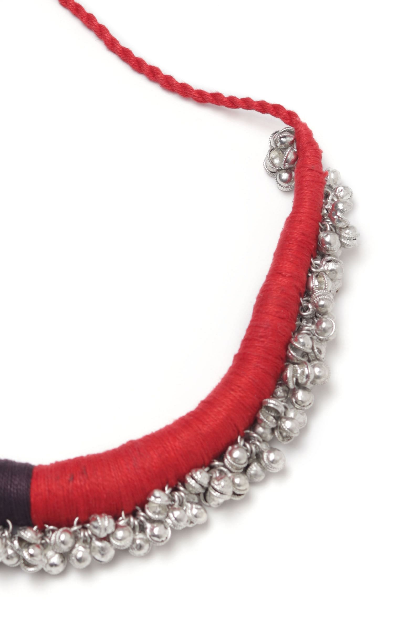 Fatima Duo Red and Black Silver Ghungroo Tribal Necklace