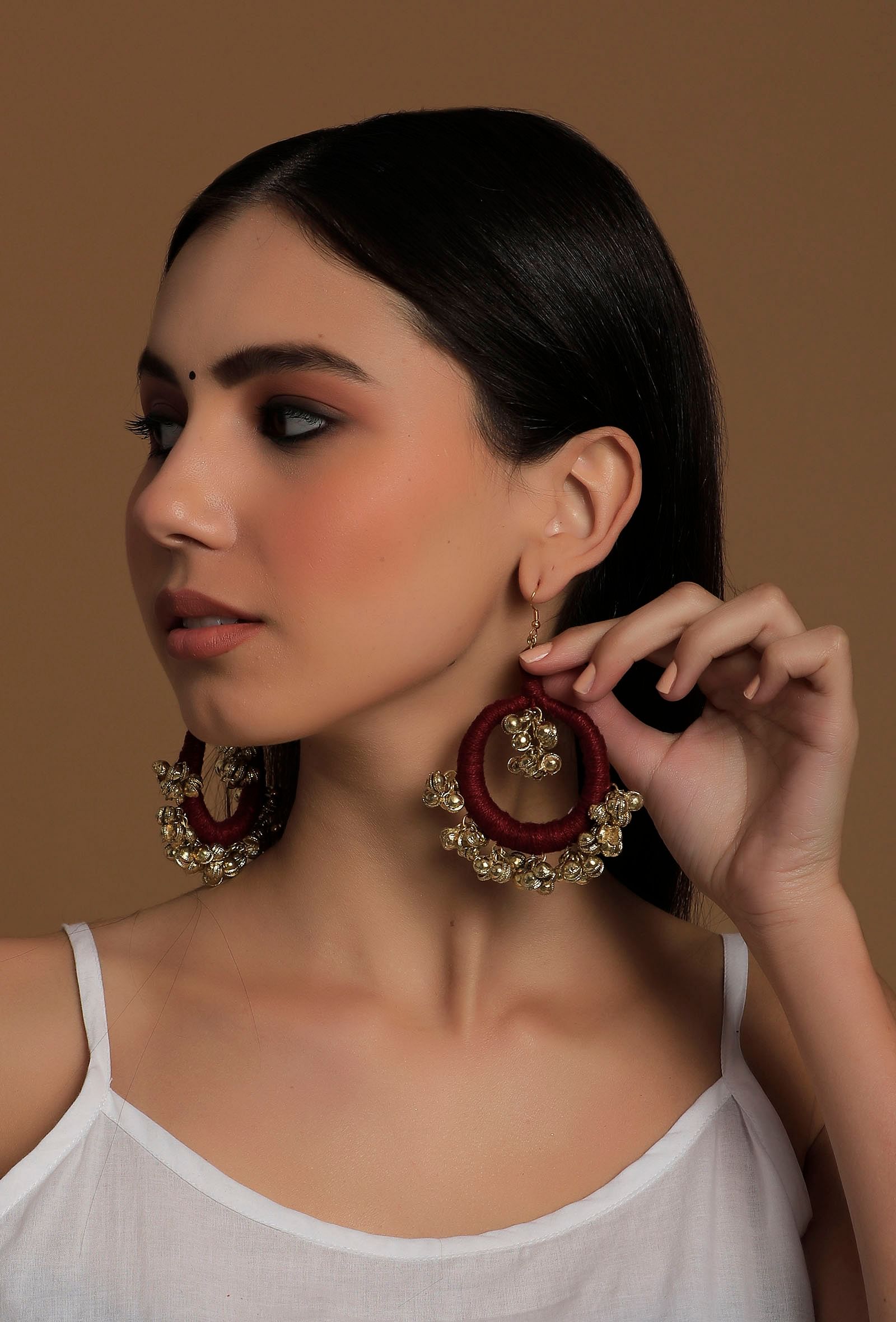 Aza Burgundy Red Ghungroo Tribal Earrings