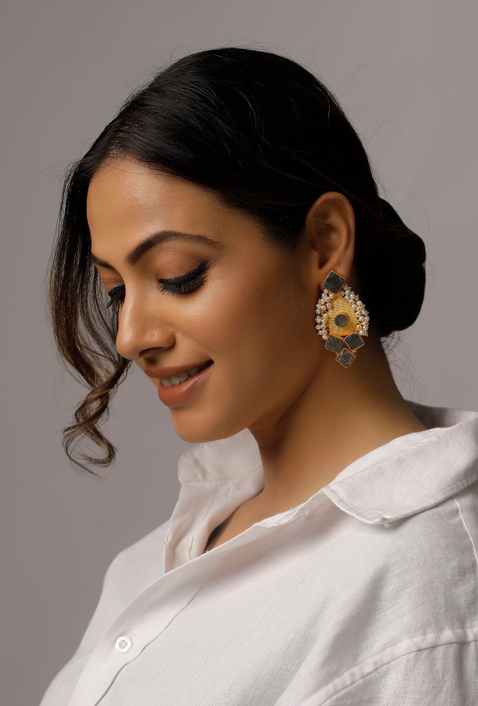 Teal Gold Stone Pearl Earrings