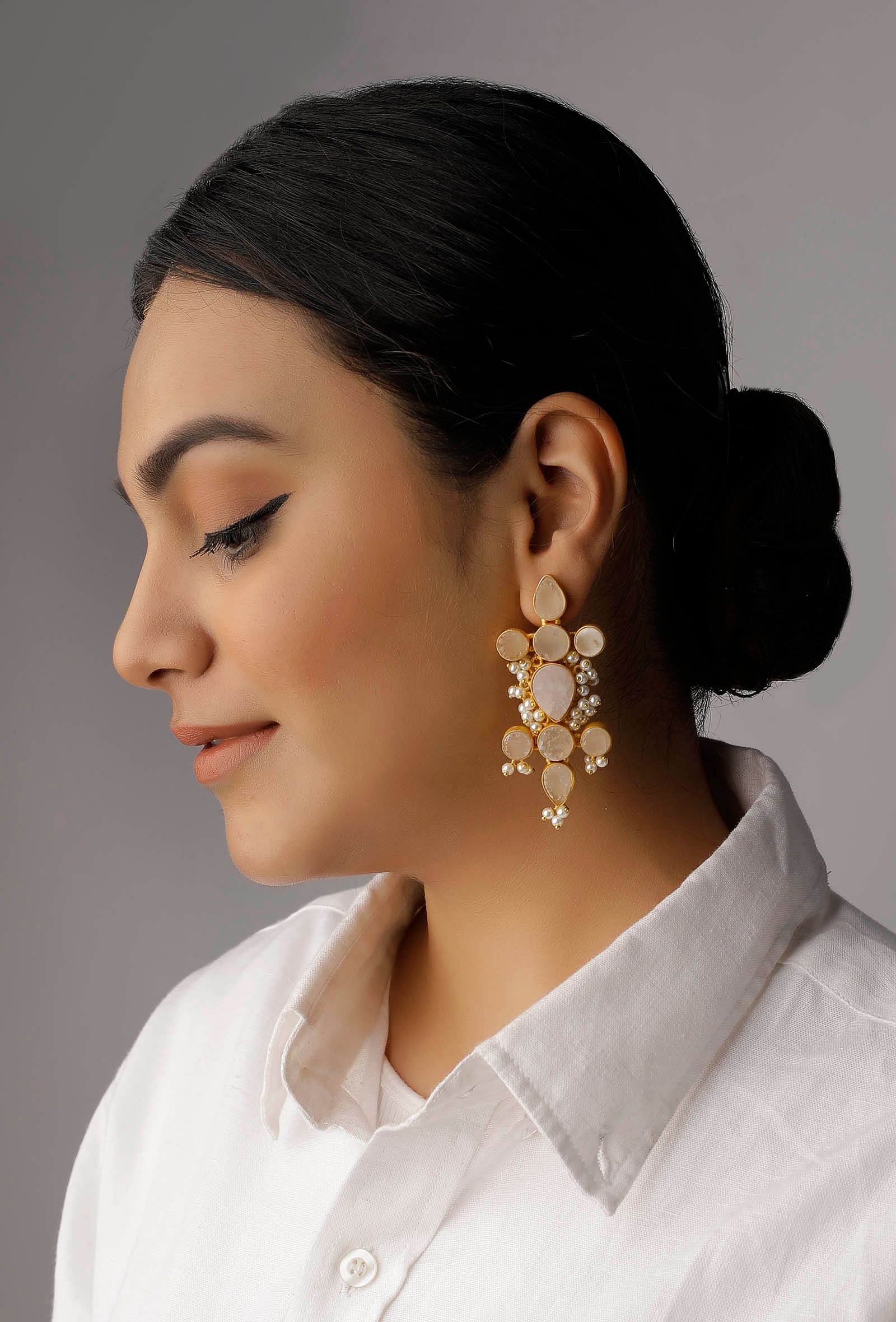 Gold Stone Sea Green Pearl Earrings