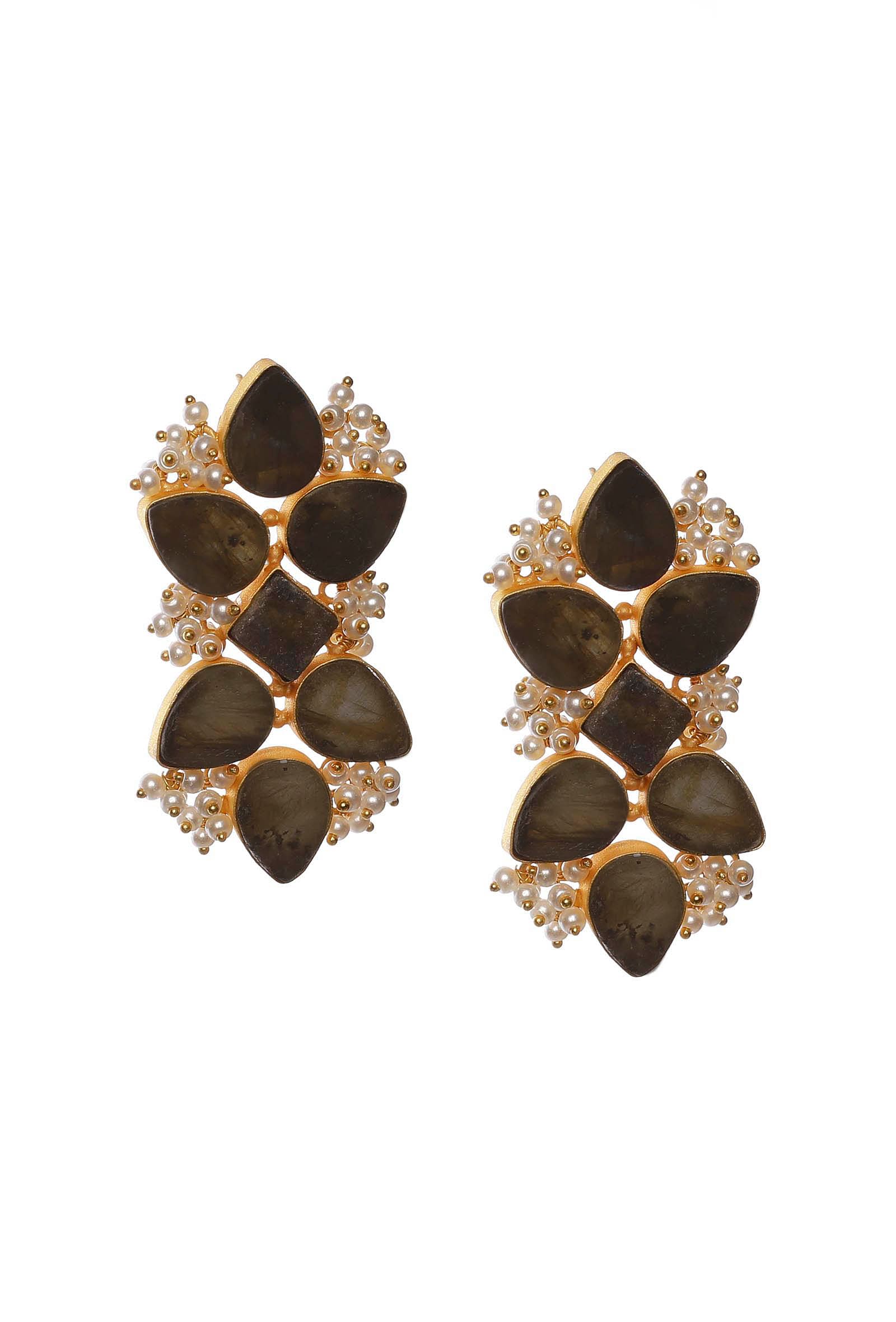 Brown Gold Stone Pearl Earrings