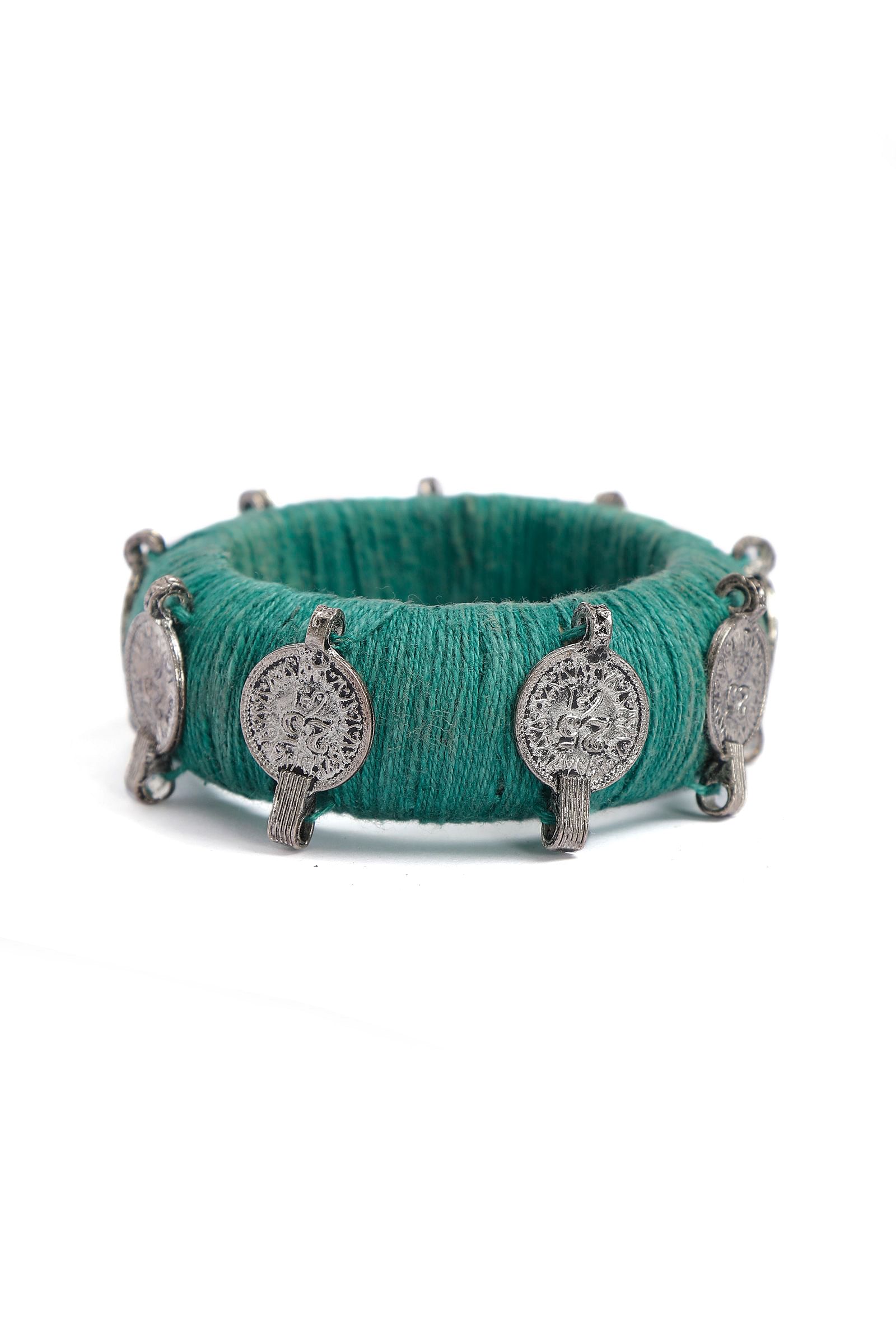 Green Teal Thread Wooden Bangles