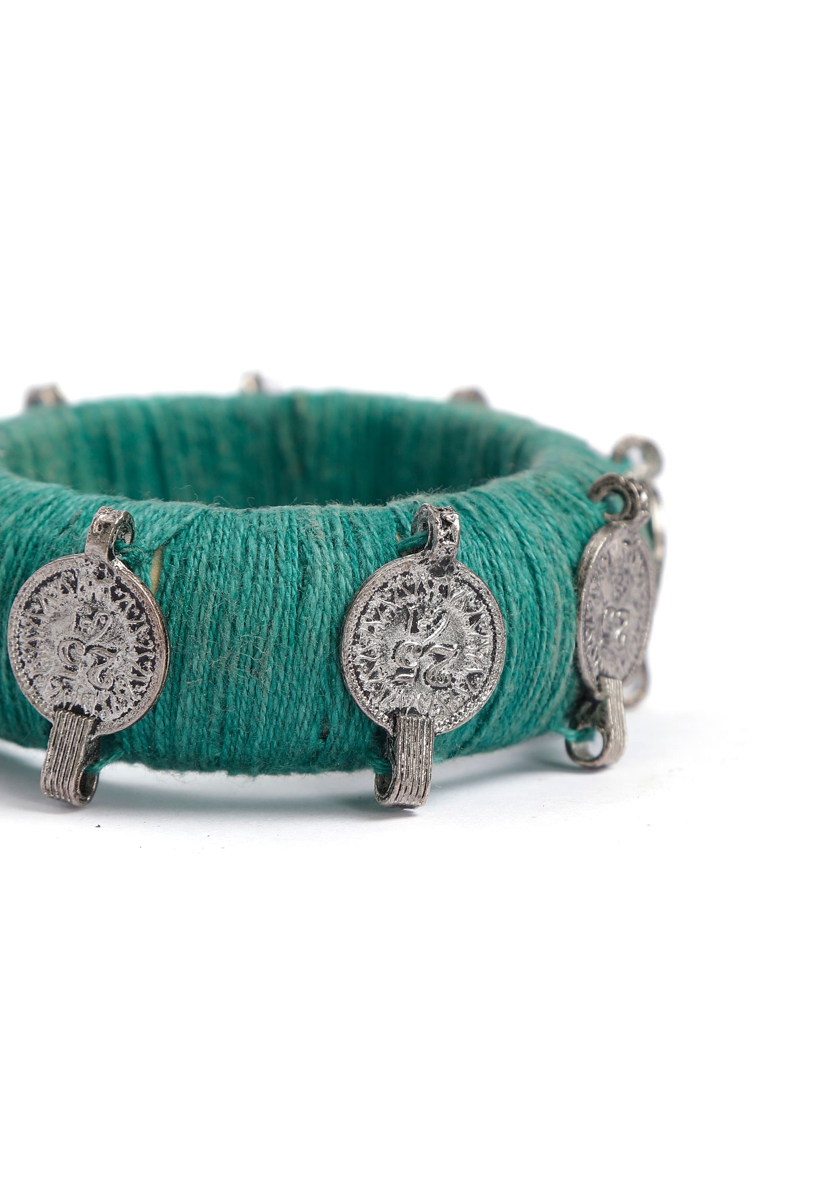 Green Teal Thread Wooden Bangles