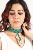 Green Thread & German Silver Tribal Seashell Choker & Earrings Set