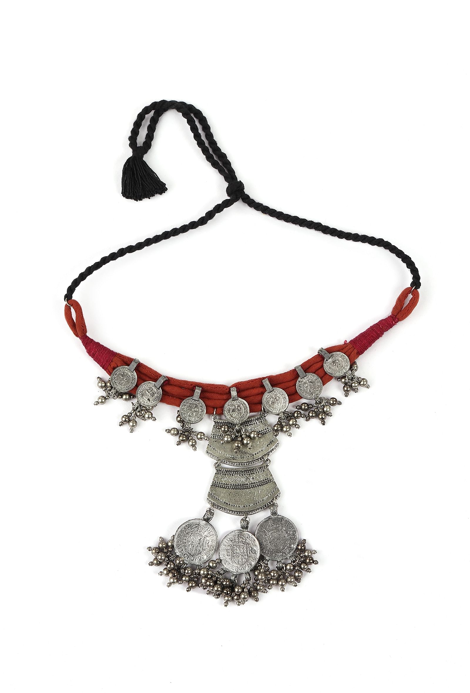 Red Thread & German Silver Tribal Coin Choker & Earrings Set