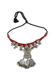 Red Thread & German Silver Tribal Coin Choker & Earrings Set