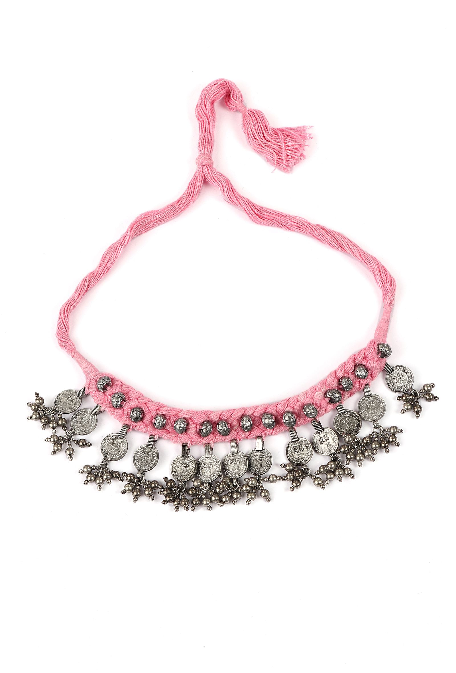 Pink Thread & German Silver Tribal Coin Choker Necklace