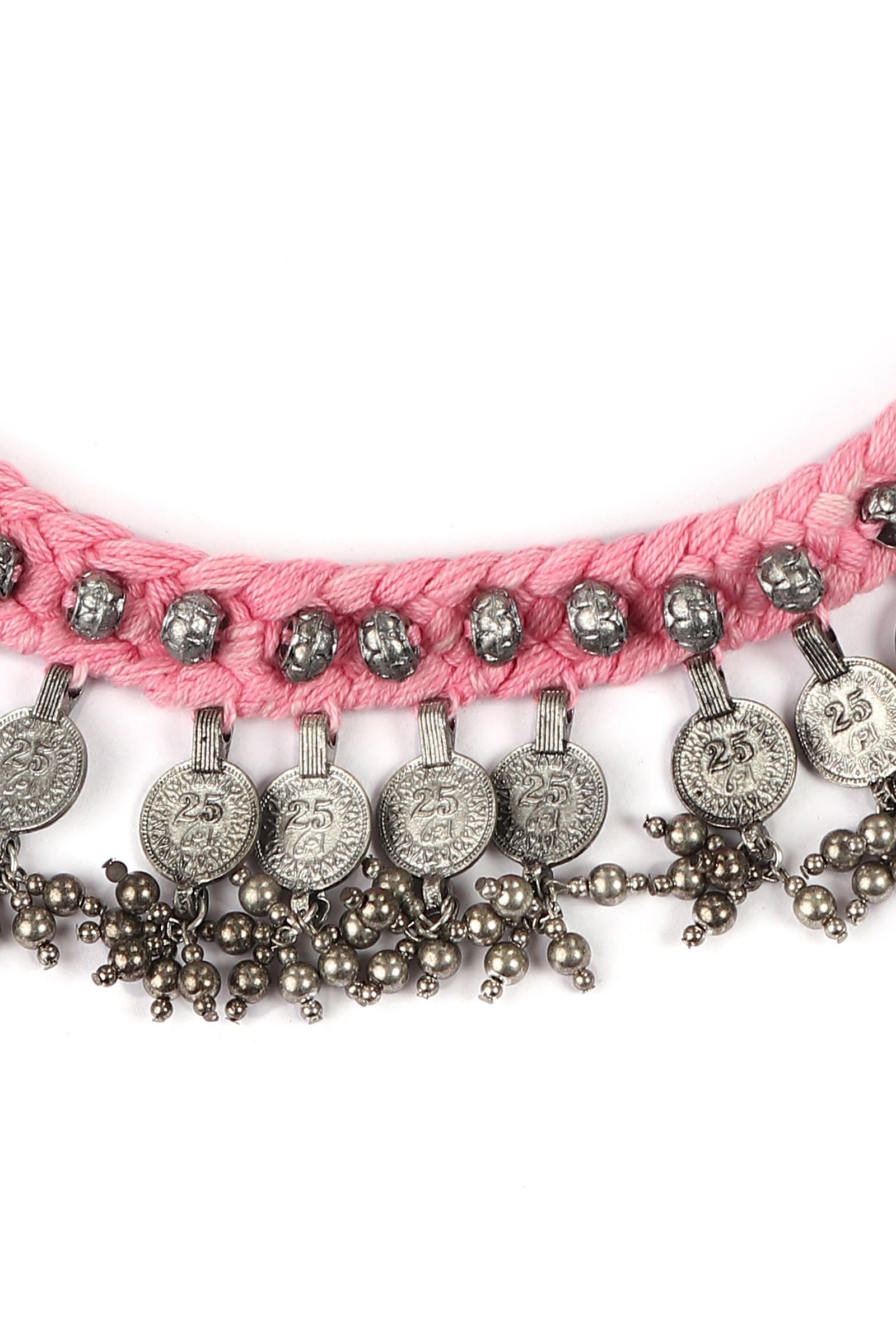 Pink Thread & German Silver Tribal Coin Choker Necklace