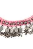 Pink Thread & German Silver Tribal Coin Choker Necklace