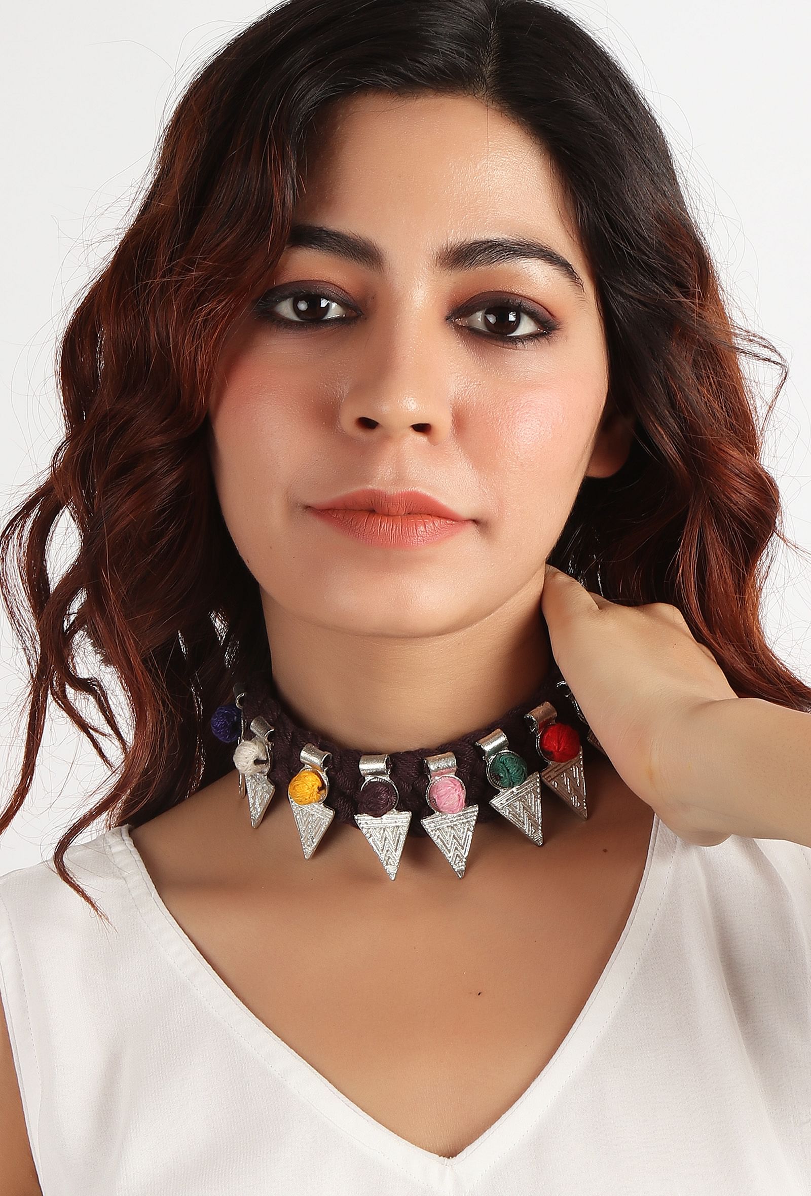 Brown, Multi-Color Thread & German Silver Tribal Choker