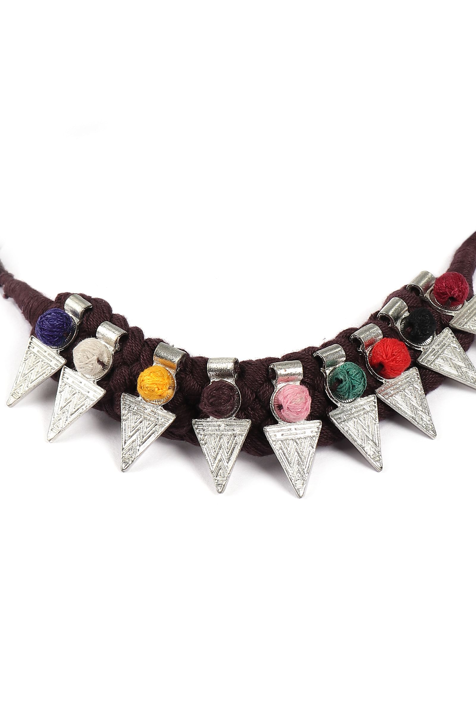 Brown, Multi-Color Thread & German Silver Tribal Choker