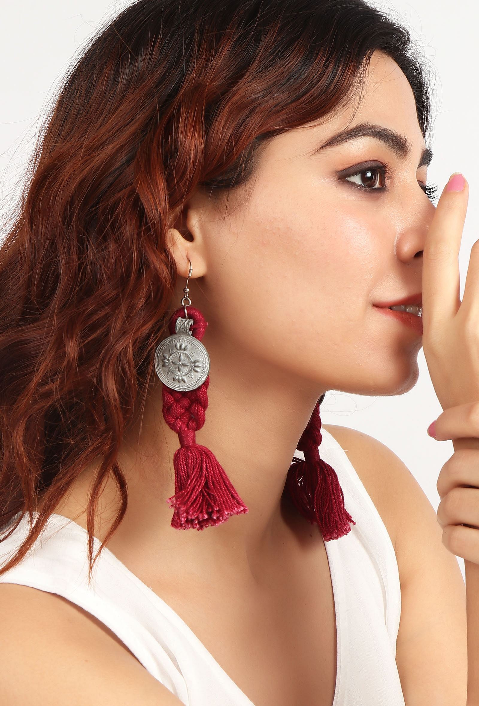 Red Thread & German Silver Tribal Earrings With Coin
