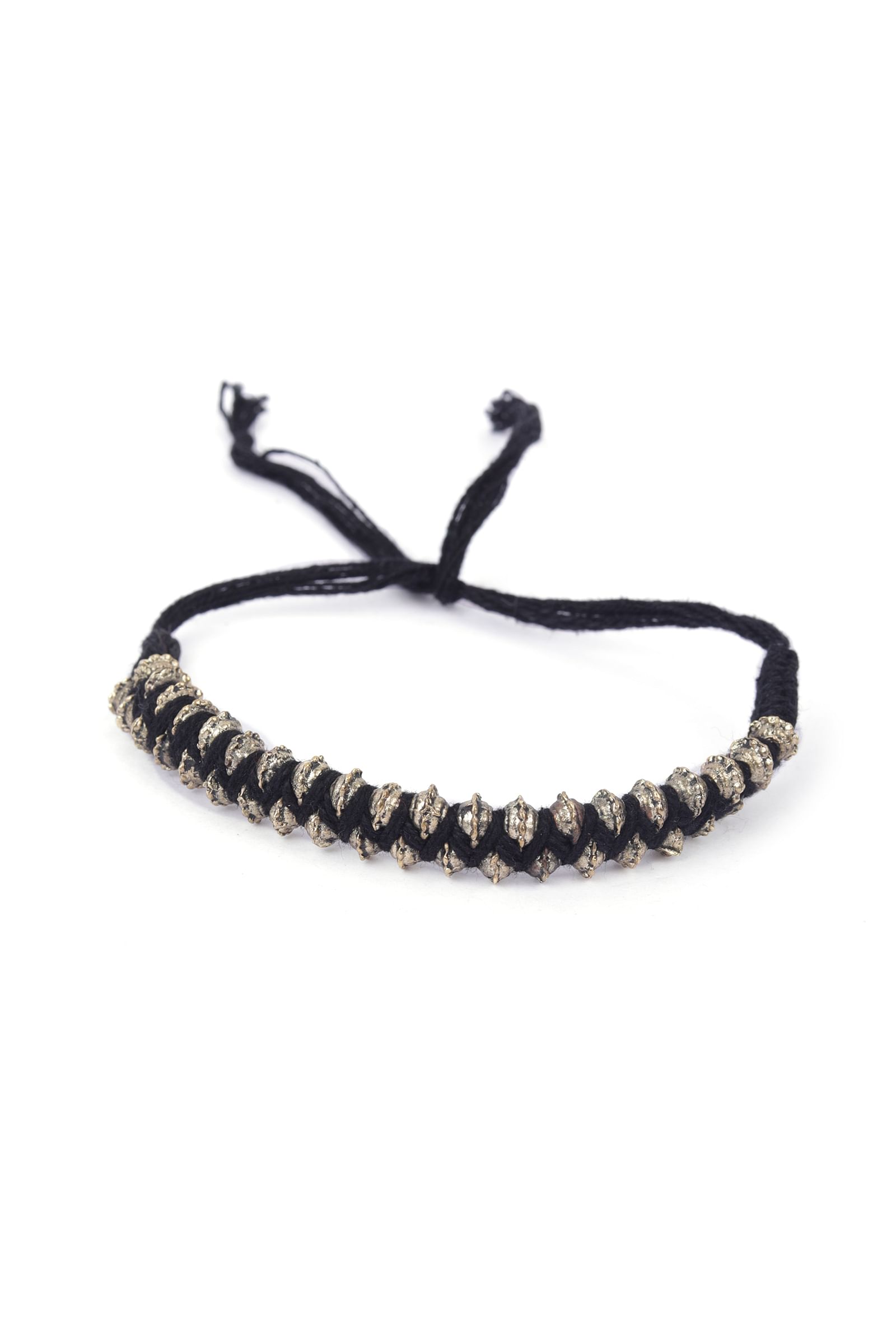 Set Of 2: Zue Black Thread & Antique Plated Brass Beaded Anklets