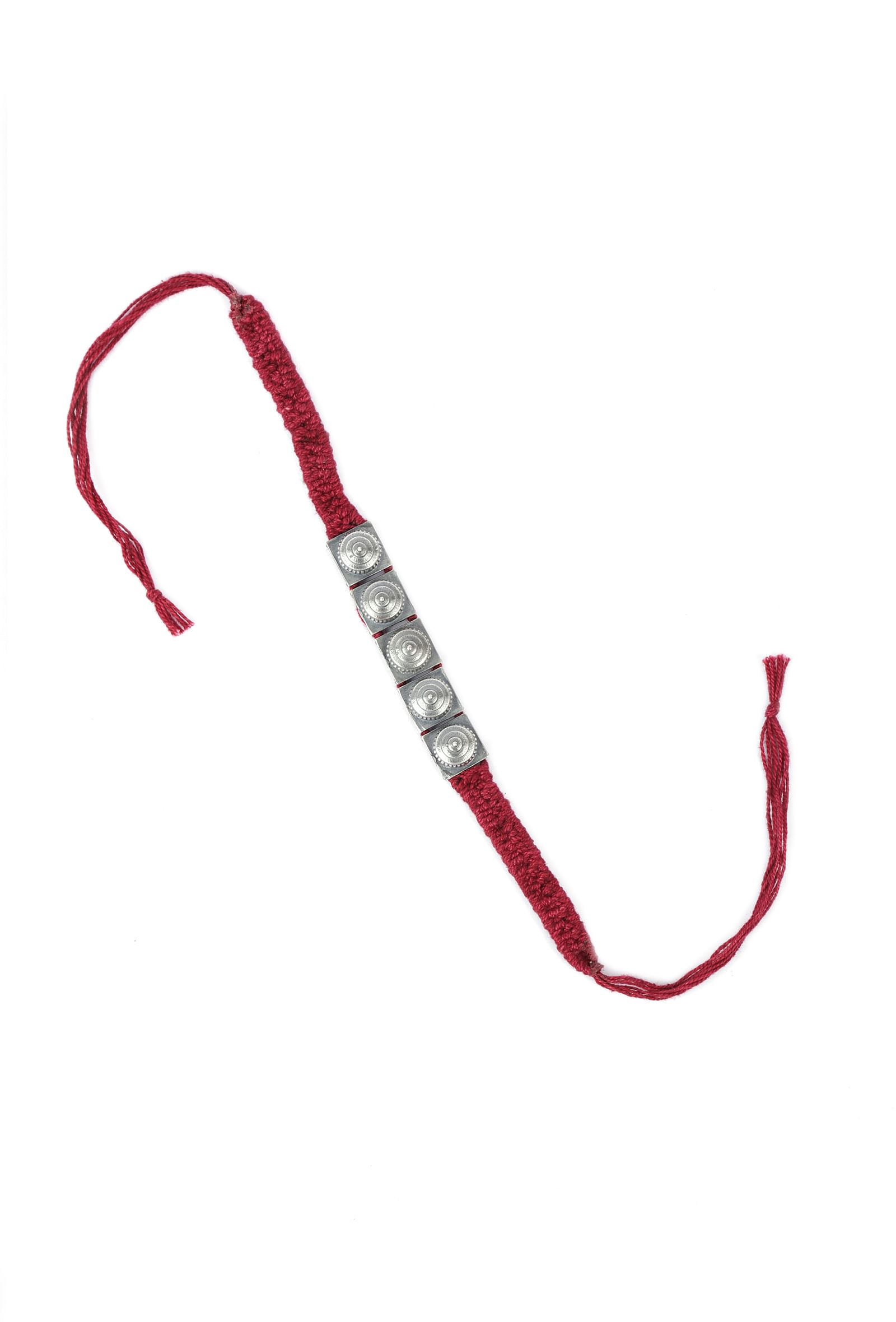 Set Of 2: Zinal Maroon Thread & Antique Plated Brass Beaded Anklets