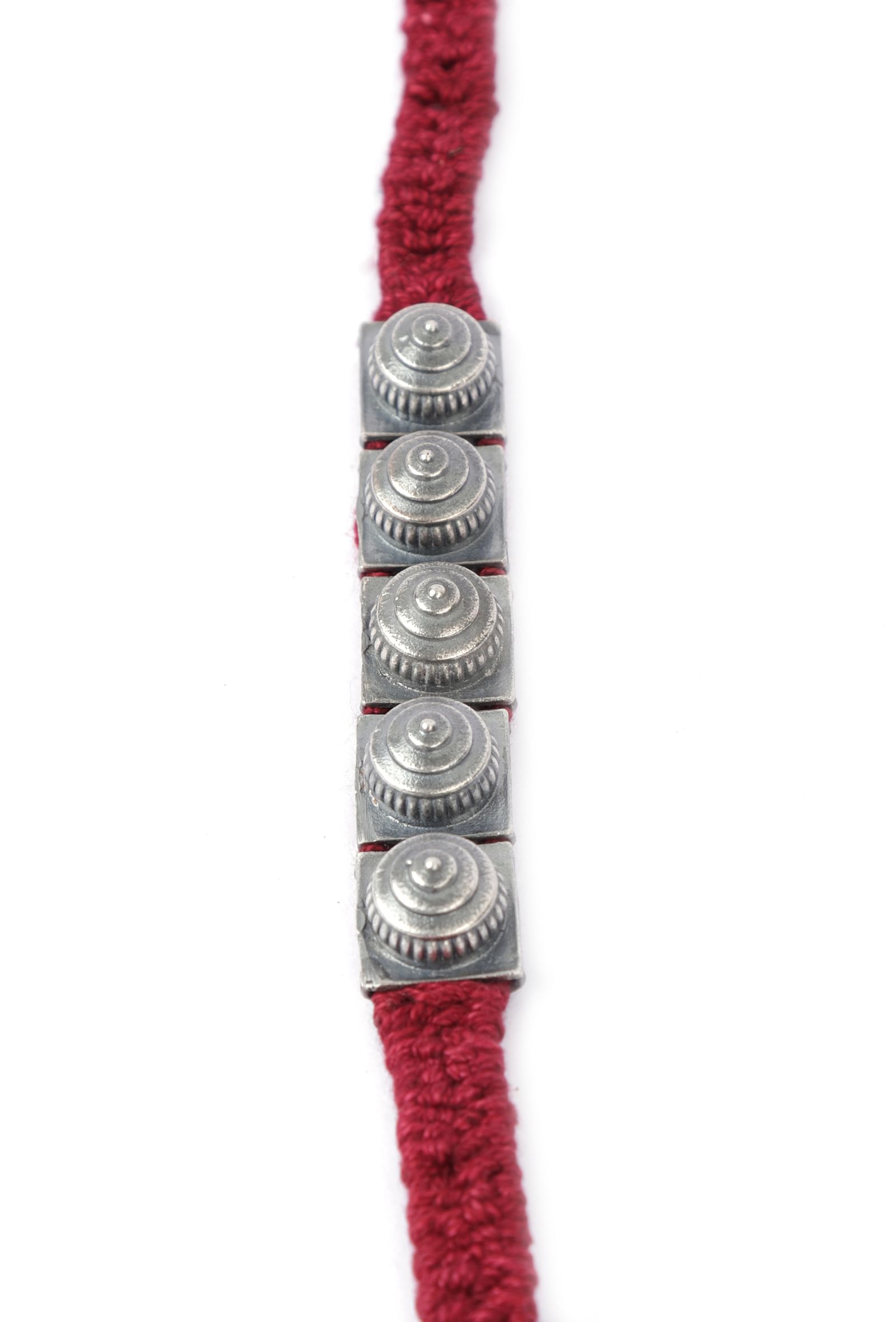 Set Of 2: Zinal Maroon Thread & Antique Plated Brass Beaded Anklets